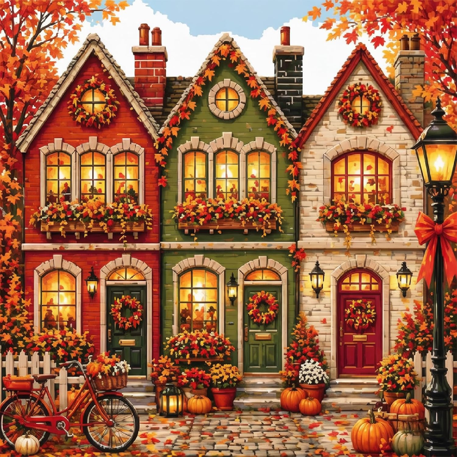 YERUOUIU Fall House Stamped Cross Stitch Kits for Adults,11 CT Needlepoint Counted Cross Stitch Kits for Beginner,Printed Dimensions Embroidery Kit for Home Wall Decor 14x14 Inch
