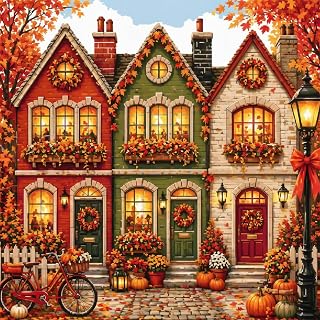YERUOUIU Fall House Stamped Cross Stitch Kits for Adults,11 CT Needlepoint Counted Cross Stitch Kits for Beginner,Printed Dimensions Embroidery Kit for Home Wall Decor 14x14 Inch