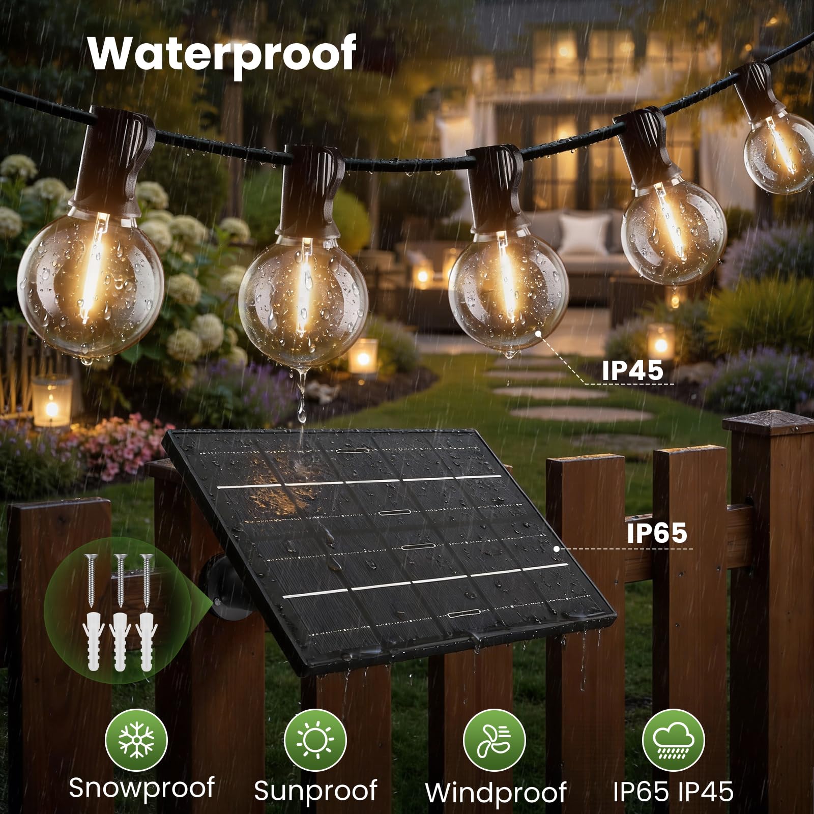Yuusei Zewnętrzny łańcuch świetlny solarny, 15 m, oświetlenie zewnętrzne LED, IP65 wodoodporny i USB, 25 + 1 G40, nietłukące się kule ziemskie, do altany, balkonu, altany, patio, ślubu i przyjęć
