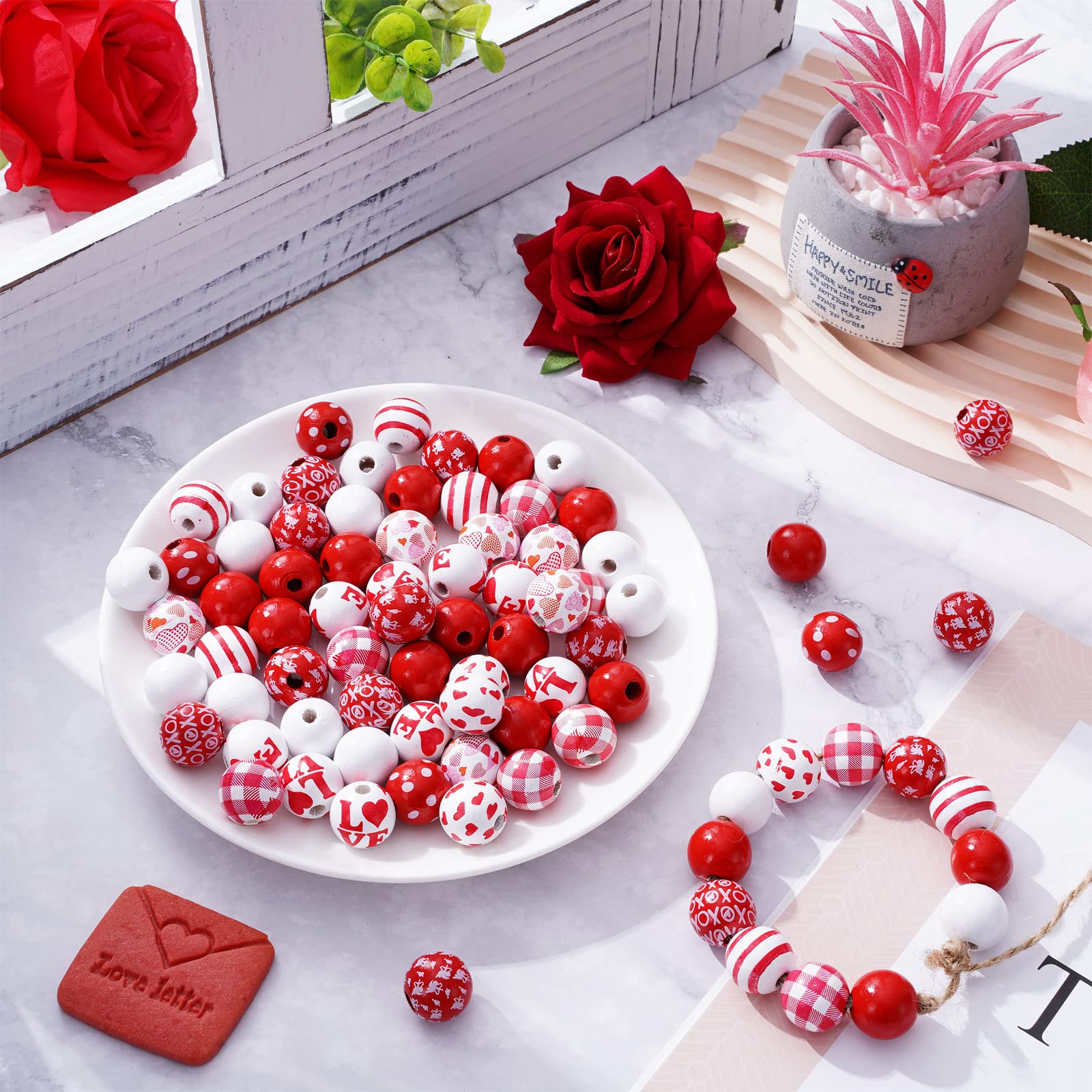 Whaline 220 Holzperlen Set Valentinstag – Herzen, Bunt, Mit 10 M Hanfseil, Für DIY Schmuck & Deko