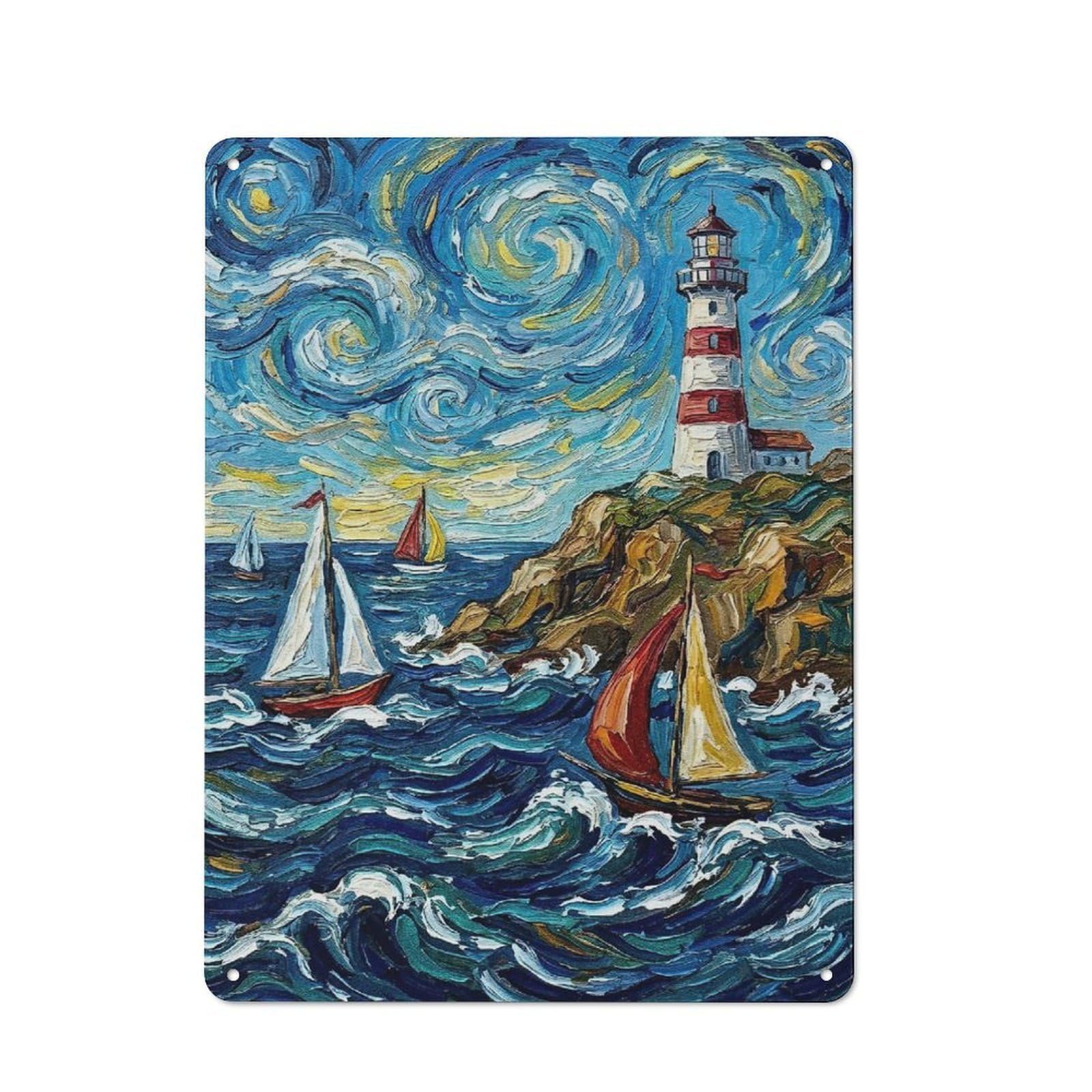 Junmoney Style-10 Rustic Starry Night Lighthouse And Sailboats Rustic Tin Sign 40X30cm, Porch Wall Decor For Greenhouse, Garden Room, Cafe Or Entryway