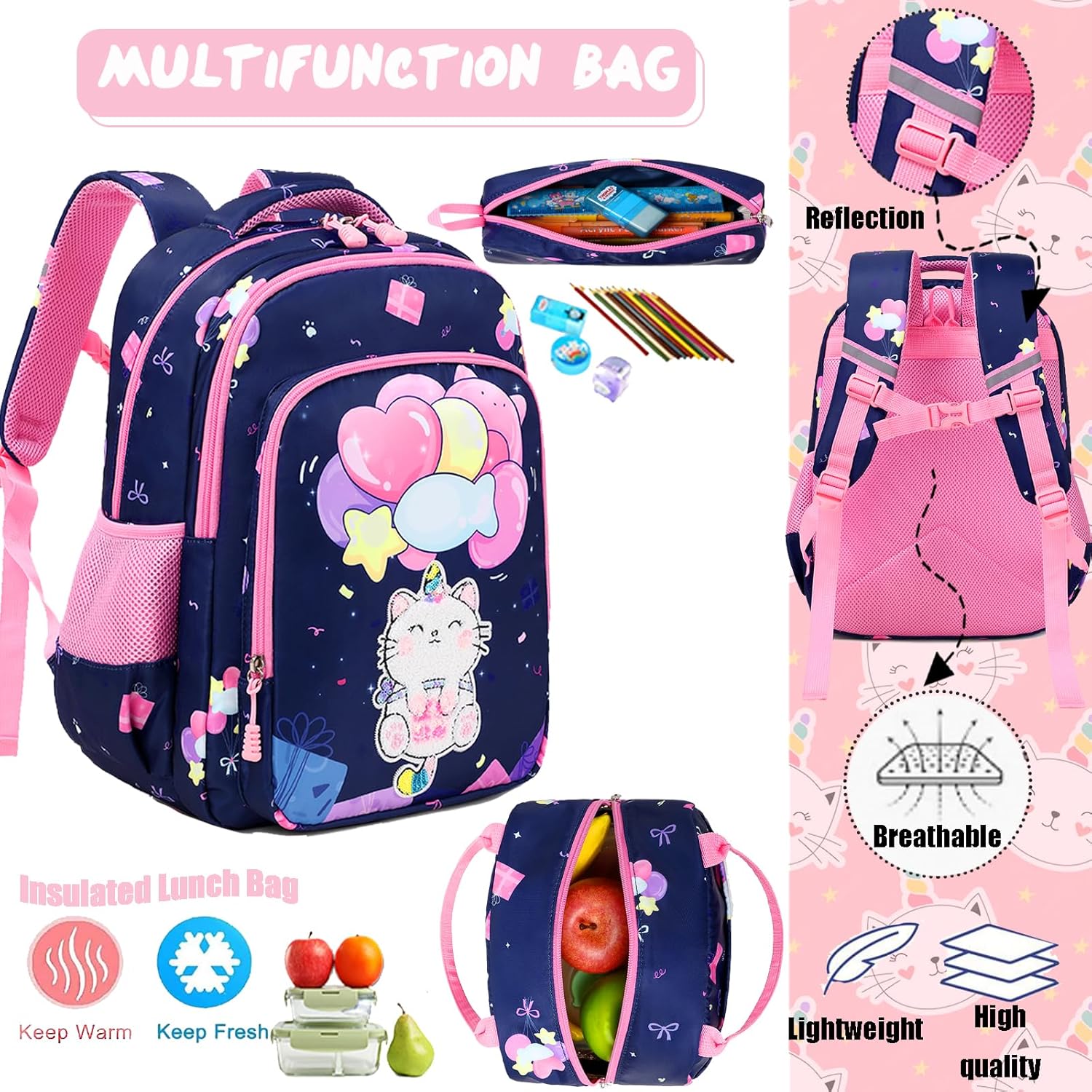 Jumpopack Unicorn Backpack Cat Backpacks for Girls Kids School Backpacks for Elementary Girls Backpack with Lunch Box Lightweight Water Resistance School Bag Bookbag,Unicorn Cat Print - Image 6