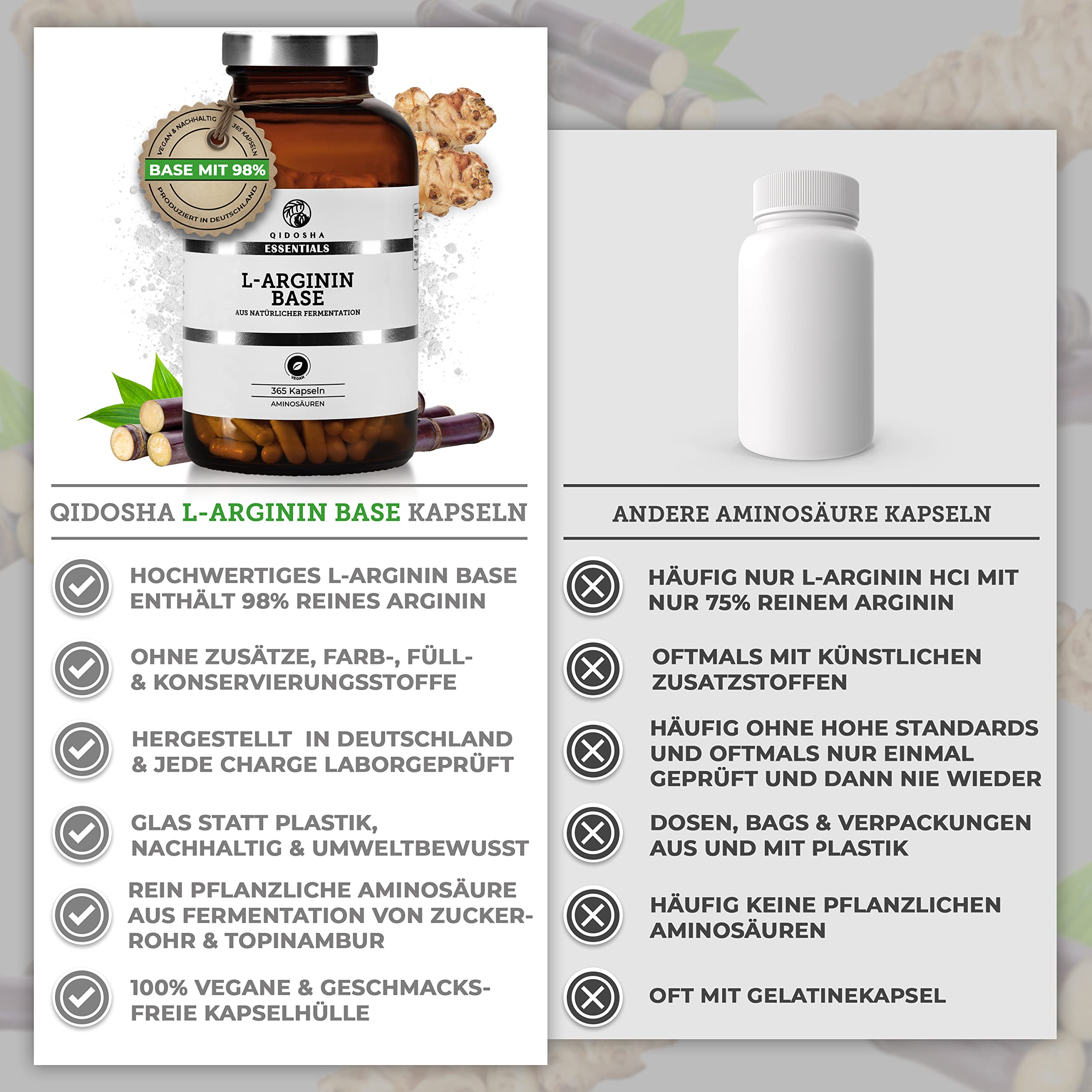 QIDOSHA® Premium L Arginin Base (nicht einfaches HCl), 365 Stk/Glas, 500mg je Kapsel, rein pflanzliche Aminosäure aus Topinambur und Zuckerrohr gewonnen, jede Charge laborgeprüft
