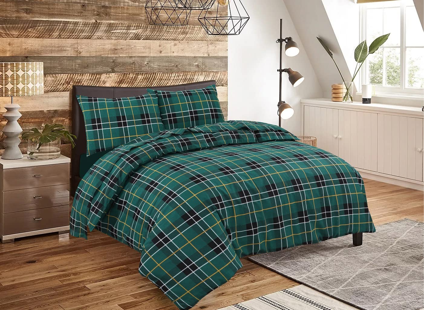 De Lavish Tartan Green Flannelette Duvet Cover Set Check Printed Quilt King Size Reversible Bedding With Pillowcases 100% Brushed Cotton,