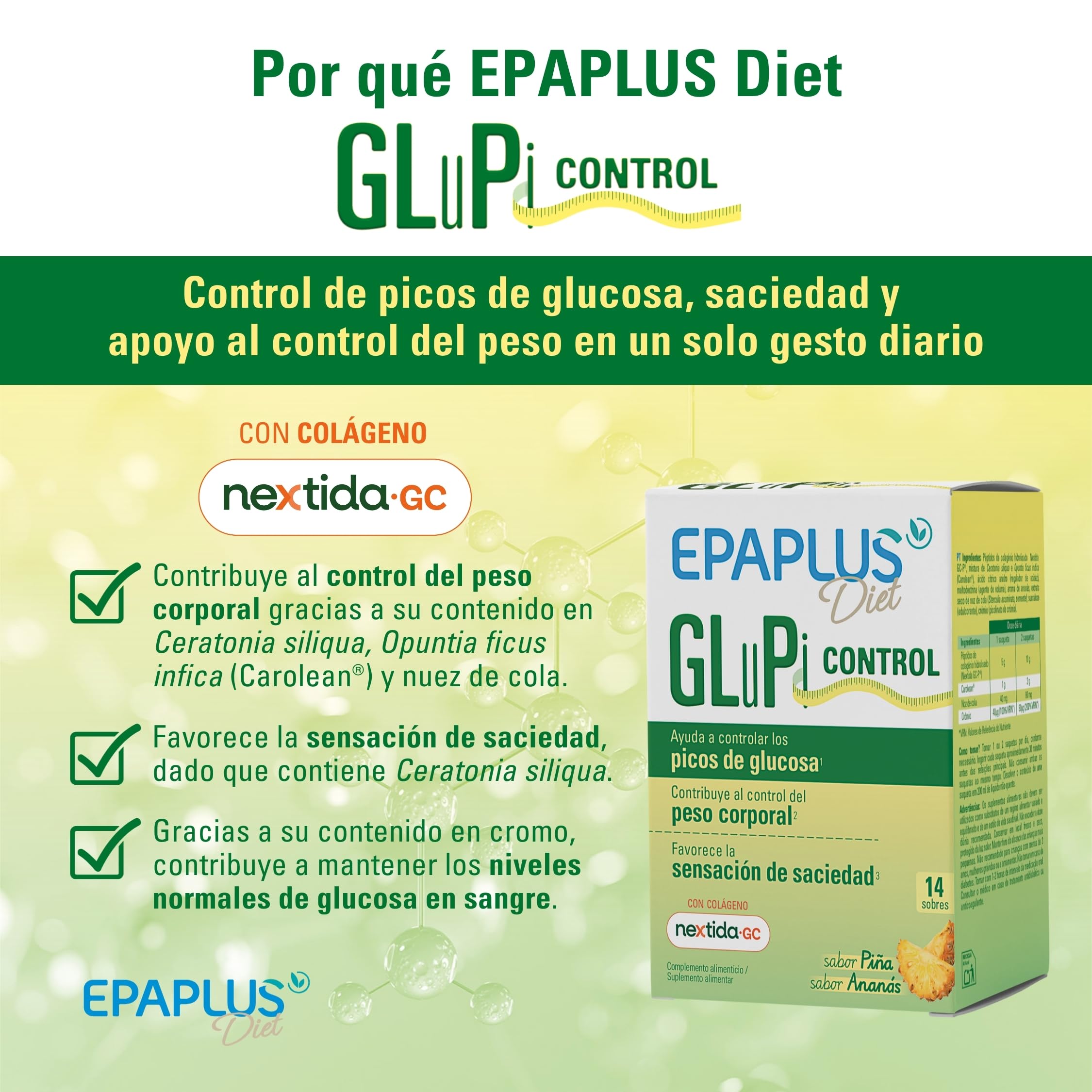 EPAPLUS GluPi Control | Complemento Alimenticio para el Control de Picos de Glucosa | Favorece la Sensación de Saciedad y Apoya el Peso Corporal | Con Cromo y Extractos Vegetales | 14 Sobres