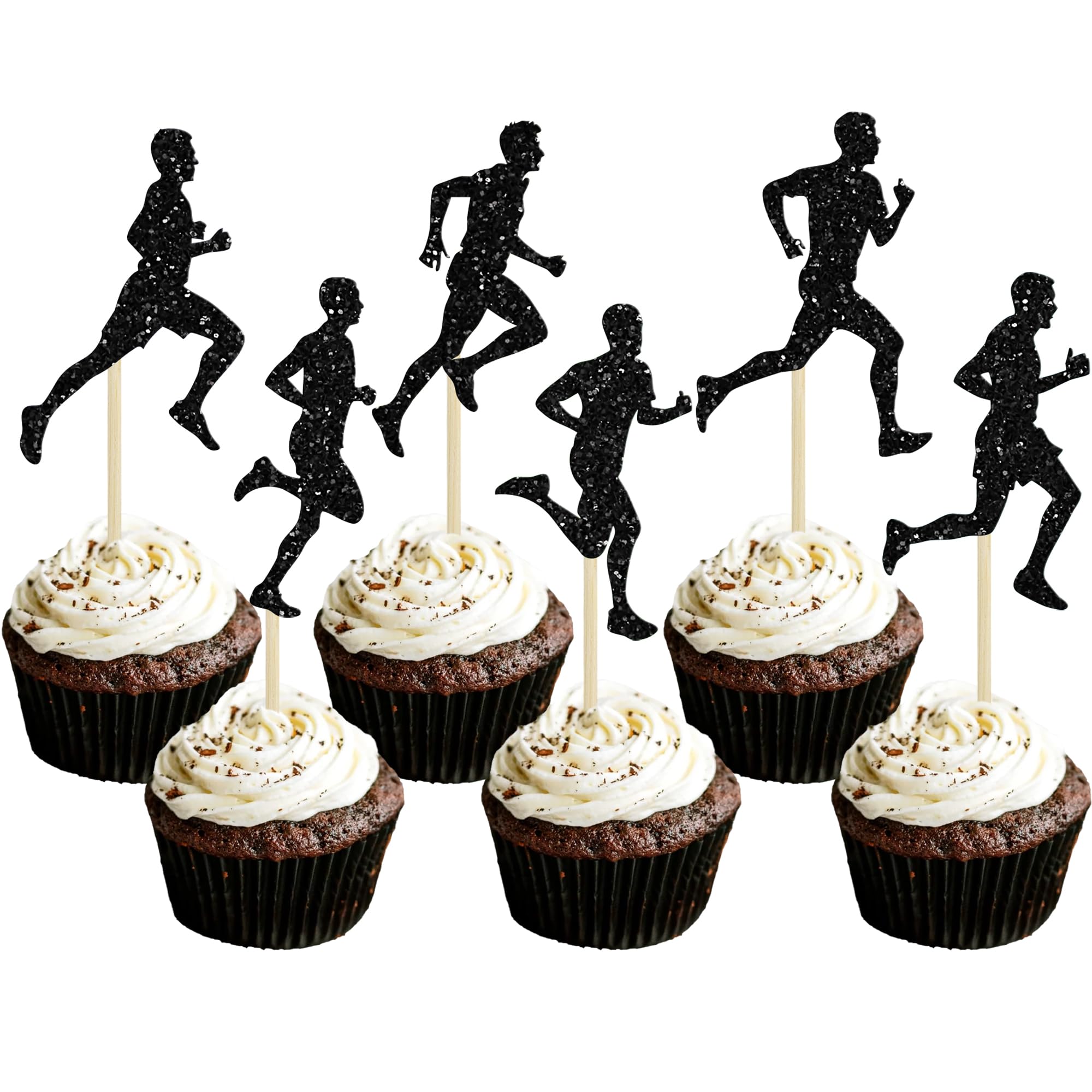 Ephlyn 30Pcs Running Cupcake Toppers Black Glitter Men Sports Fitness Cupcake Picks for Running Theme Boys Birthday Party Cake Decorations Supplies