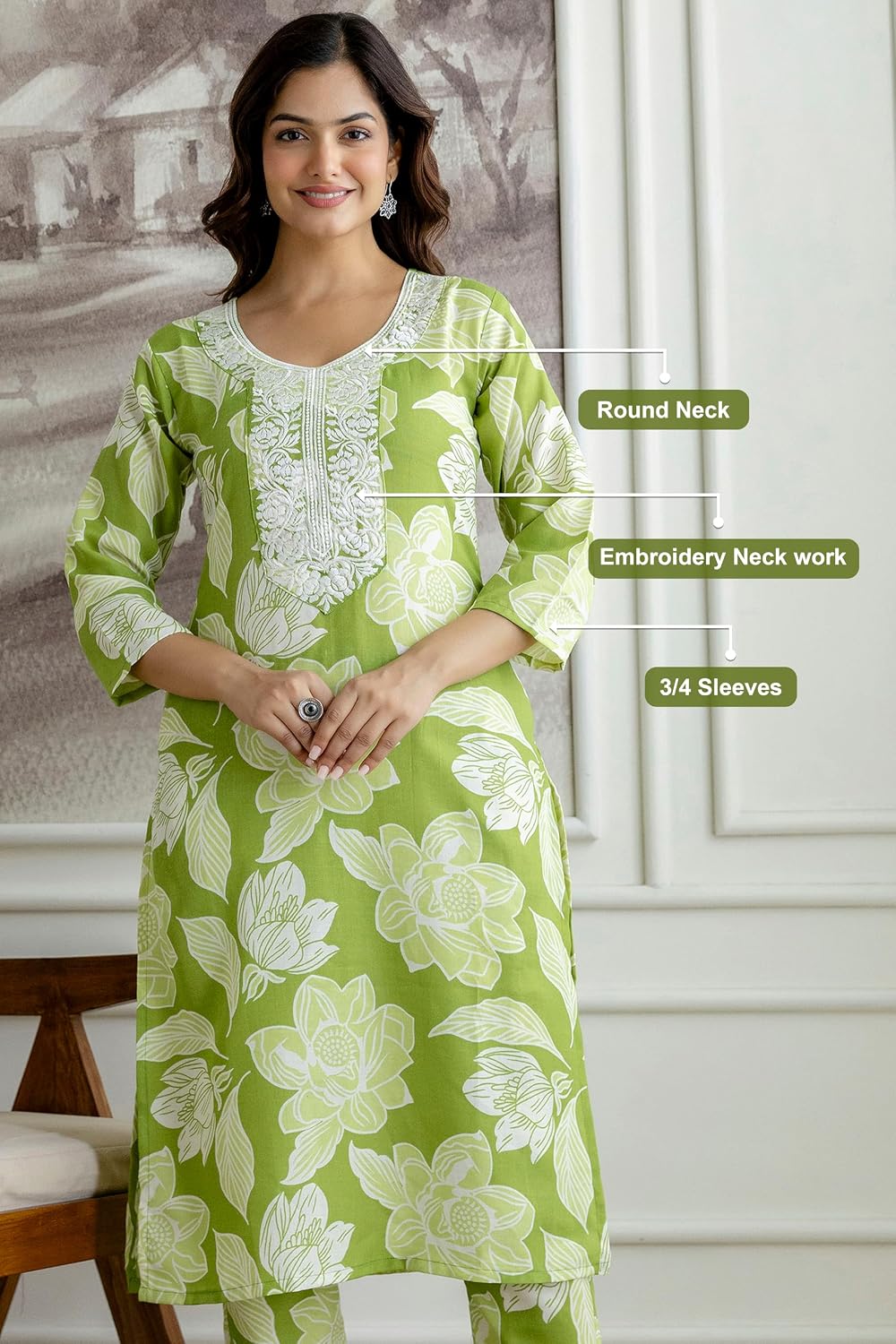TRENDMALLS Women's Cotton Slub Magic Printed Floral Kurta Pant Embroidery Neck Work Kurta Set (E64-LightGreen-S)