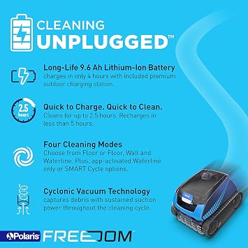 Polaris Freedom Cordless Robotic Pool Cleaner, Cable-Free for All In-Ground Pools up to 50ft, Four Cleaning Modes & Intelligent Cleaning Technology