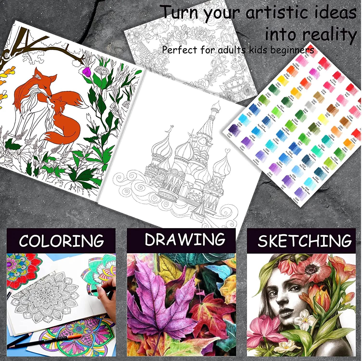 Corslet Juego de 146 lápices de dibujo para artistas, con 16 y 25 páginas, A5, cuaderno de bocetos, acuarela, a base de aceite, juego de suministros de arte para artistas