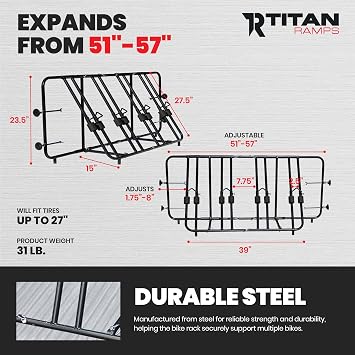 Titan Ramps Truck Bed Adjustable Steel Bike Rack for Up to 4 Bikes - Fits Most Makes/Models