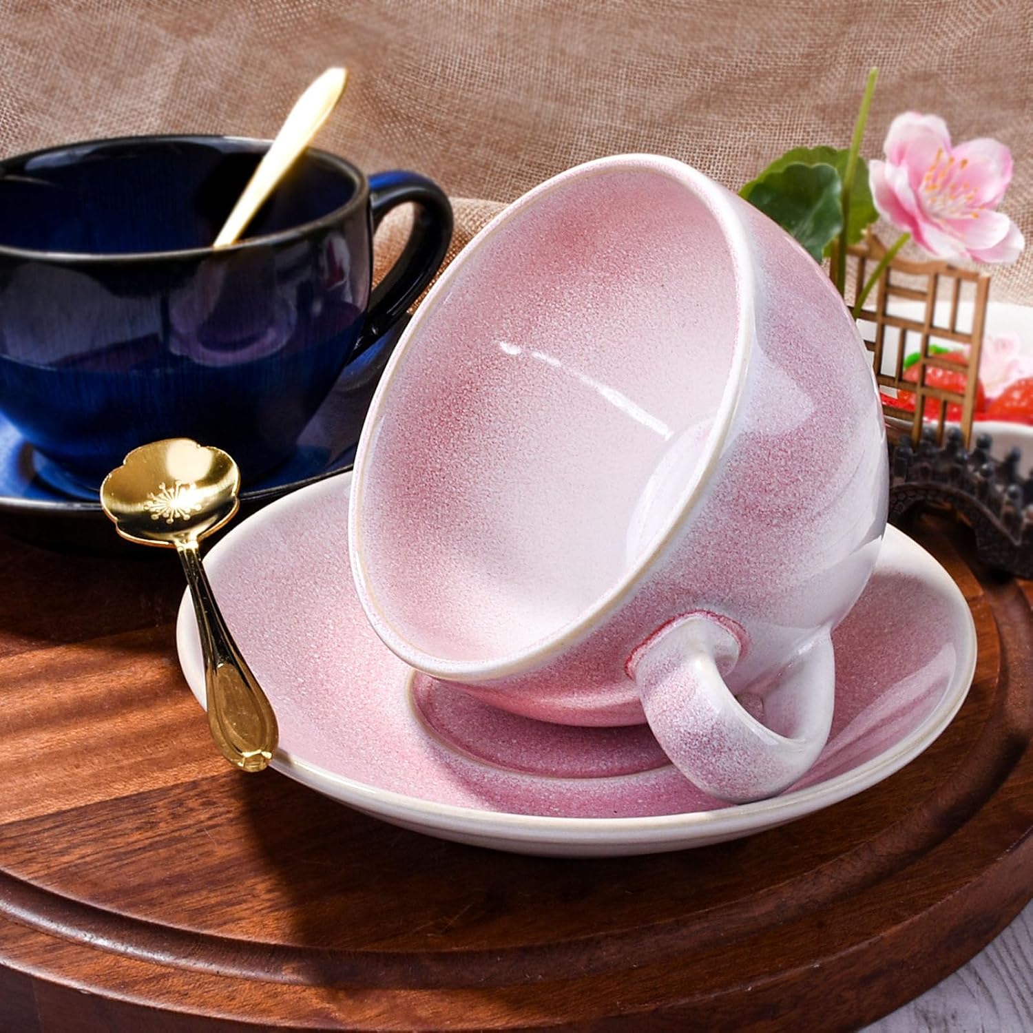 Ceramic Coffee Mug with Saucer and Spoon, 10 OZ Pink Gradient Porcelain Cup