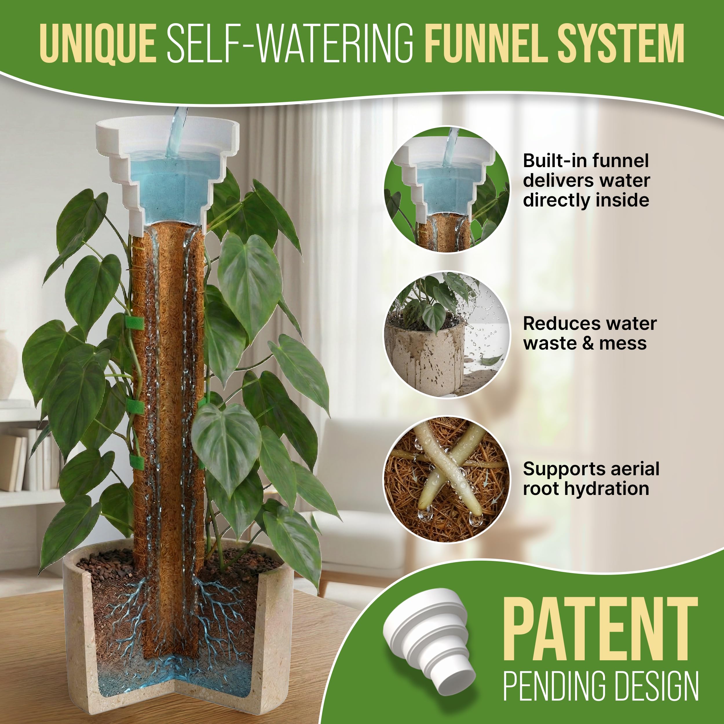 Organo Republic Paletti di supporto per piante Monstera in muschio, 2 x 26,4 o 123,7 cm, unico, autoirrigante, estensibile, in fibra di cocco per piante rampicanti, per piante in vaso da interni