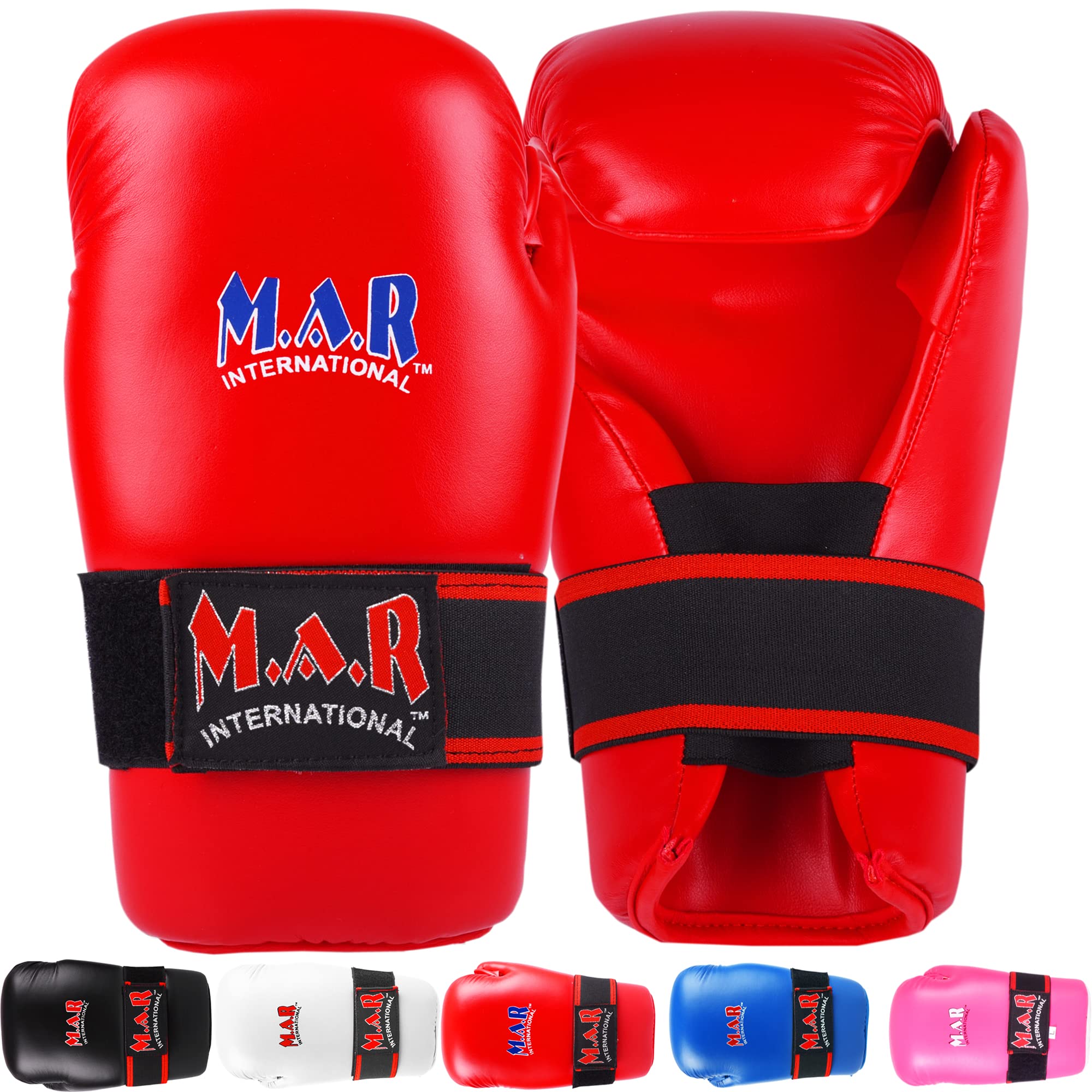 MAR | Red Karate Bag Gloves with Grip Bar, Semi-Contact Gloves Rex Leather Mitts, Elasticated Finger Protection for Kickboxing, Muay Thai, MMA, & Taekwondo - Unisex, Adults/Kids (Small)
