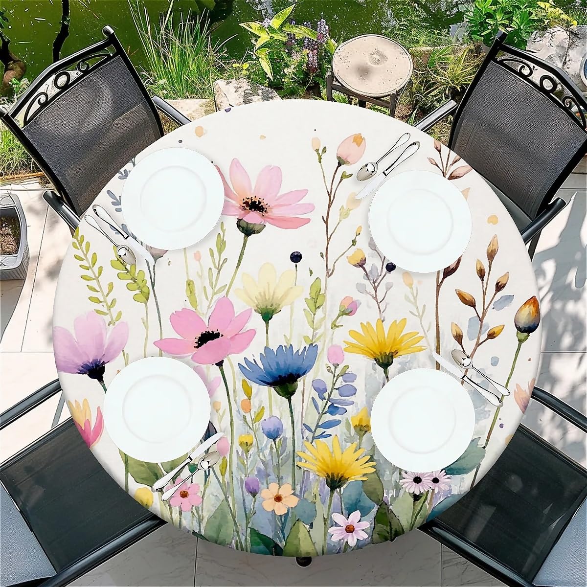 artslion Outdoor Round Tablecloth with Elastic Band 44In (110cm) Elastic Garden Table Cover Wipe Clean with Flowers Pattern โ image 1
