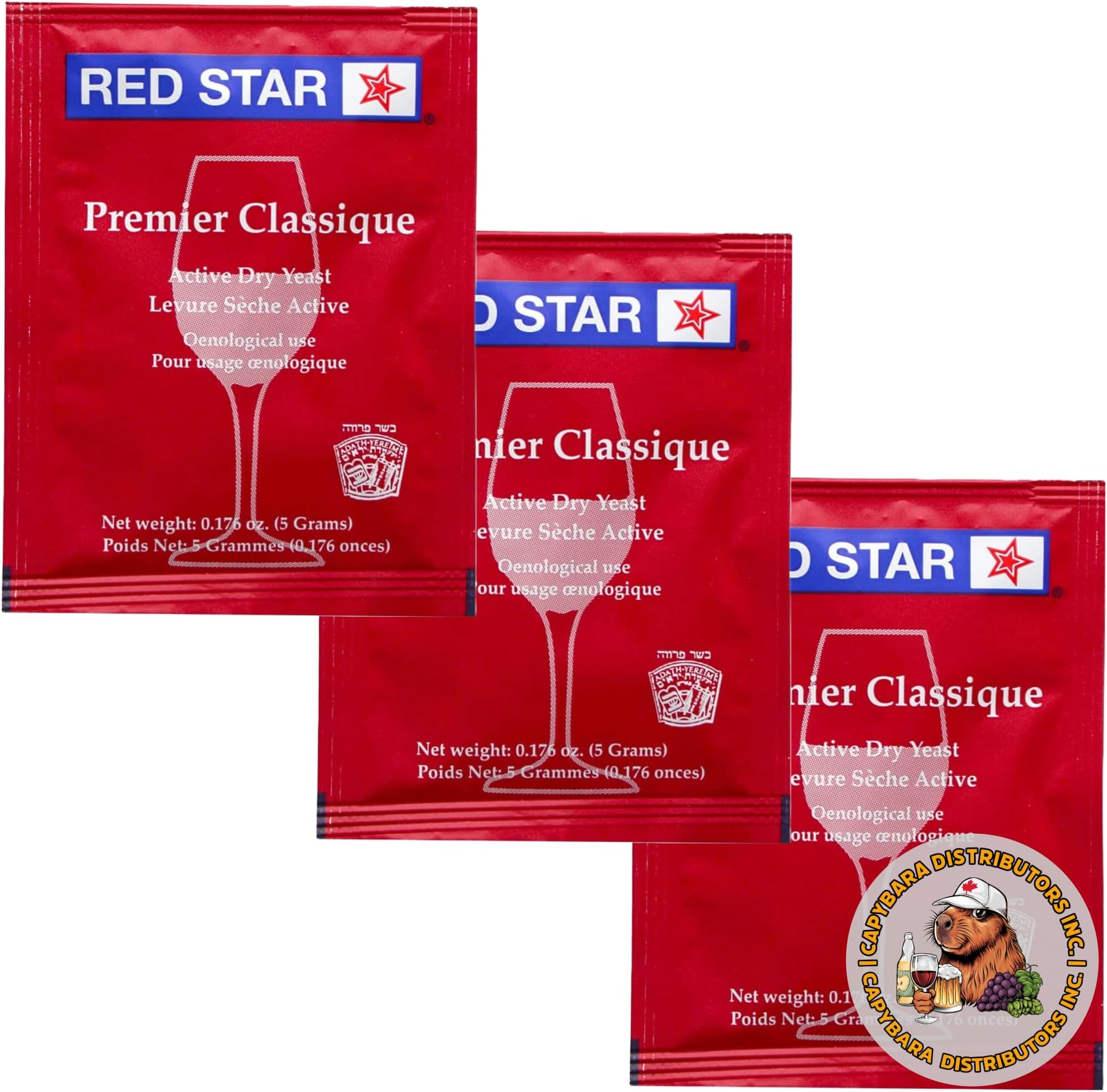 Red Star Premier Classique Wine Yeast (3 Pack) - Great for Making Wine Cider Mead Kombucha at Home - 5 g Sachets - Saccharomyces cerevisiae - Sold by CAPYBARA Distributors Inc.