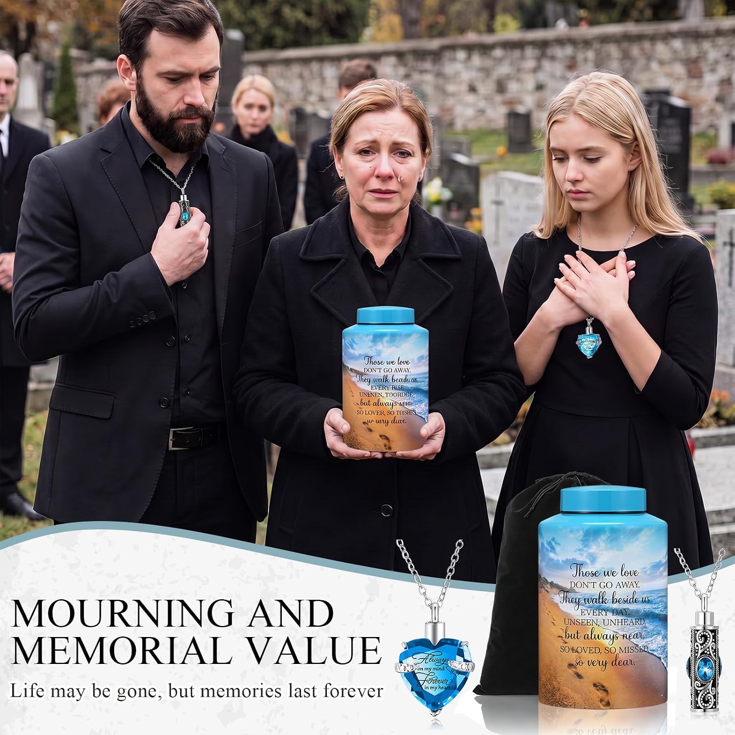 Set of 4 Blue Cremation Urns for Human Ashes Adult Female Male, Decorative Funeral Waterproof Urns for Women Men with 1 Large Urn, 2 Blue Necklace Urn, 1 Velvet Pouch