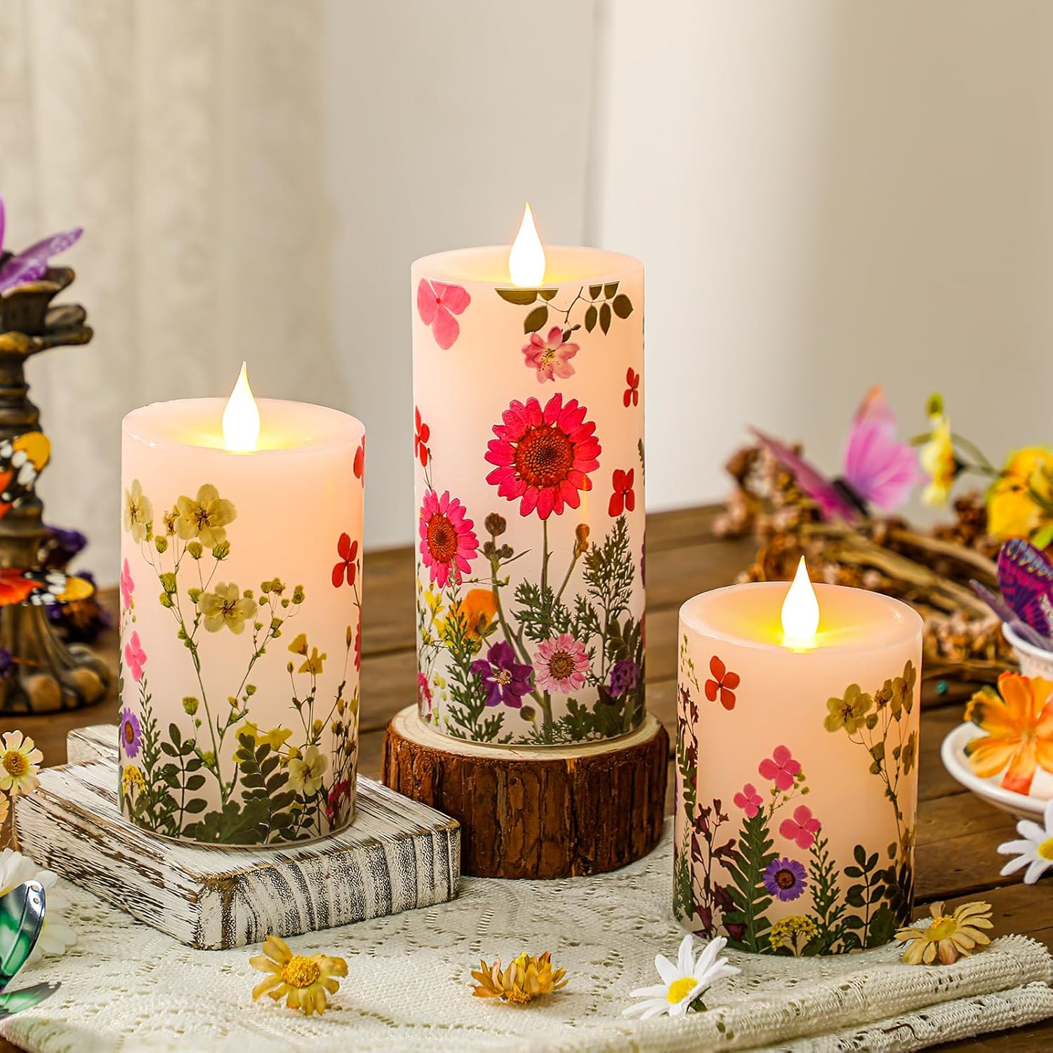 Baquler 3Pcs FLower Pillar Candles Spring Flameless Candle LED Battery Operated Flickering Candlestick for Spring Easter Birthday Wedding Home Dinner Table Centerpiece Garden Tea Party Decoration Gift