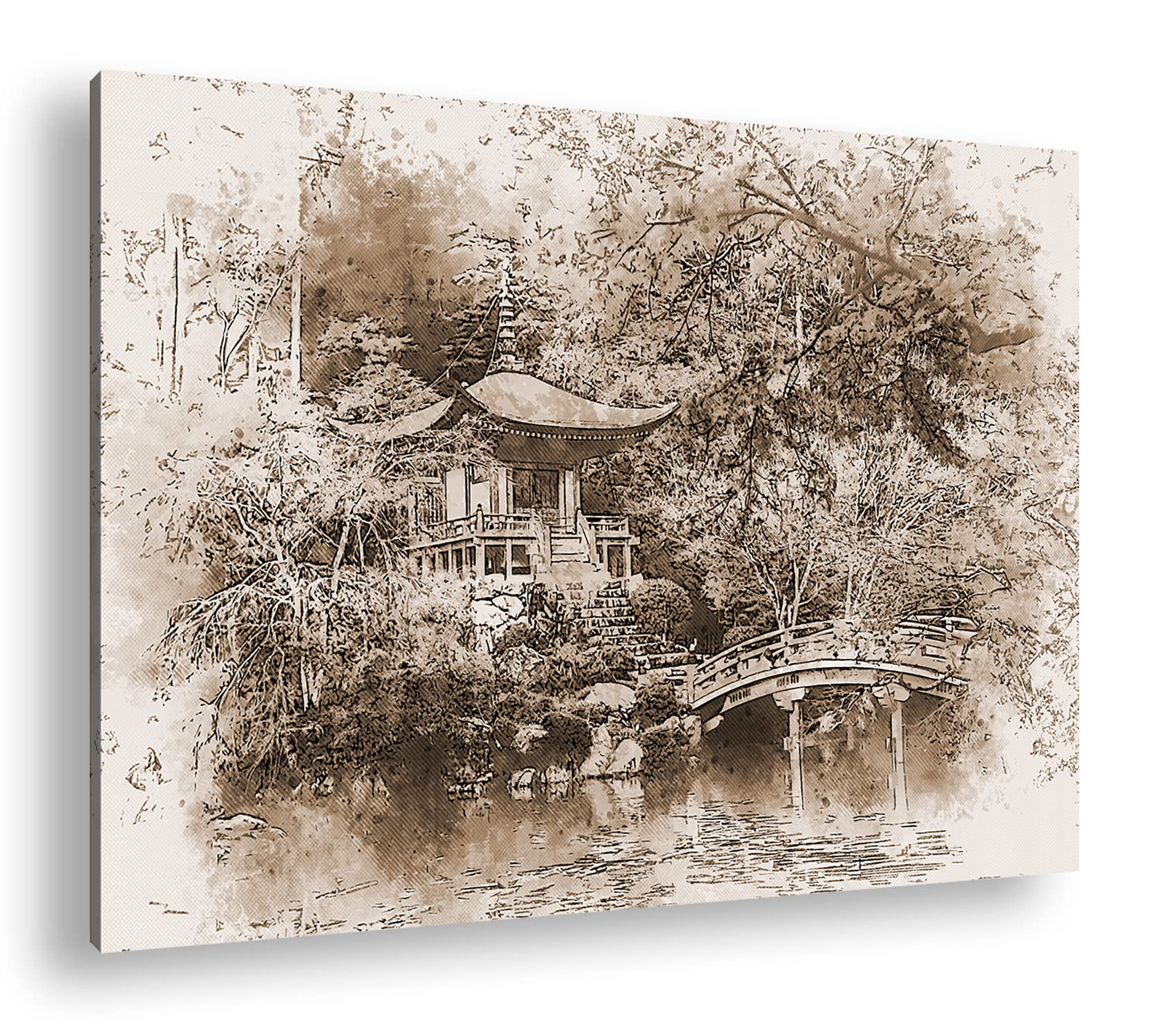 Effet jardin japonais traditionnel : sépia, format : 100 x 70 cm, motif monté sur cadre en bois véritable, impression numérique de haute qualité, pas d'affiche ou d'affiche.