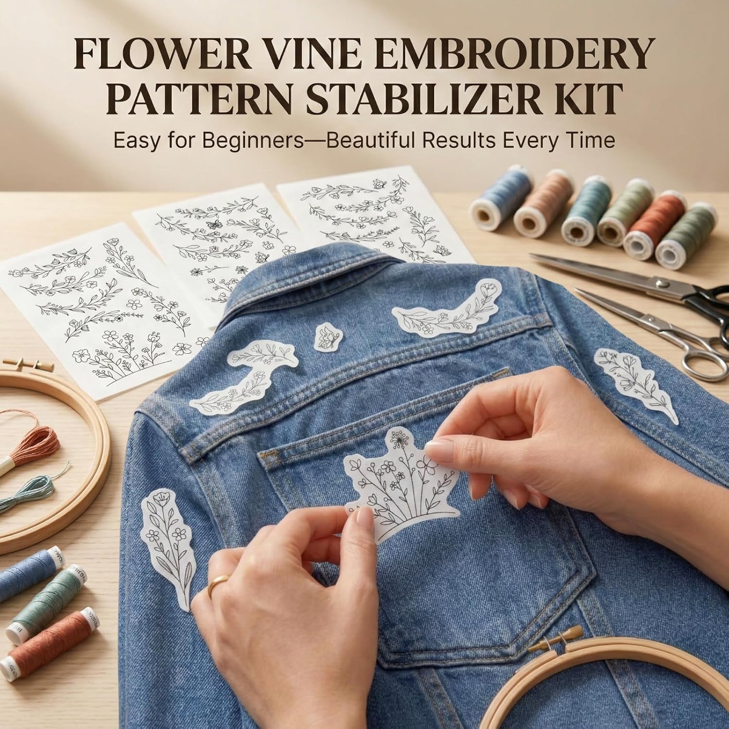 Flower Vine Water Soluble Stabilizer for Embroidery, 4 Sheets Stick and Stitch Embroidery Paper 8.3"X11.7", Flower and Vine Patterns Wash Away Stabilizer for Hand Sewing, DIY Craft & Clothing