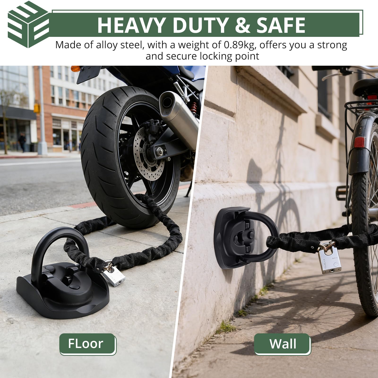 EYPINS Anclaje de suelo para motocicleta con broca, ancla de cadena de pared de acero para bicicletas, cerradura de motocicleta de seguridad premium con 4 pernos para bicicletas, motocicletas y