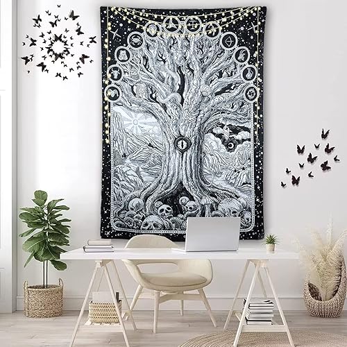 Miniatura 6 de ZYLLGLOW Tapiz del zodiaco con diseño de árbol de la vida en blanco y negro para dormitorio, estético, malvado de ojo, serpiente, sol y luna,