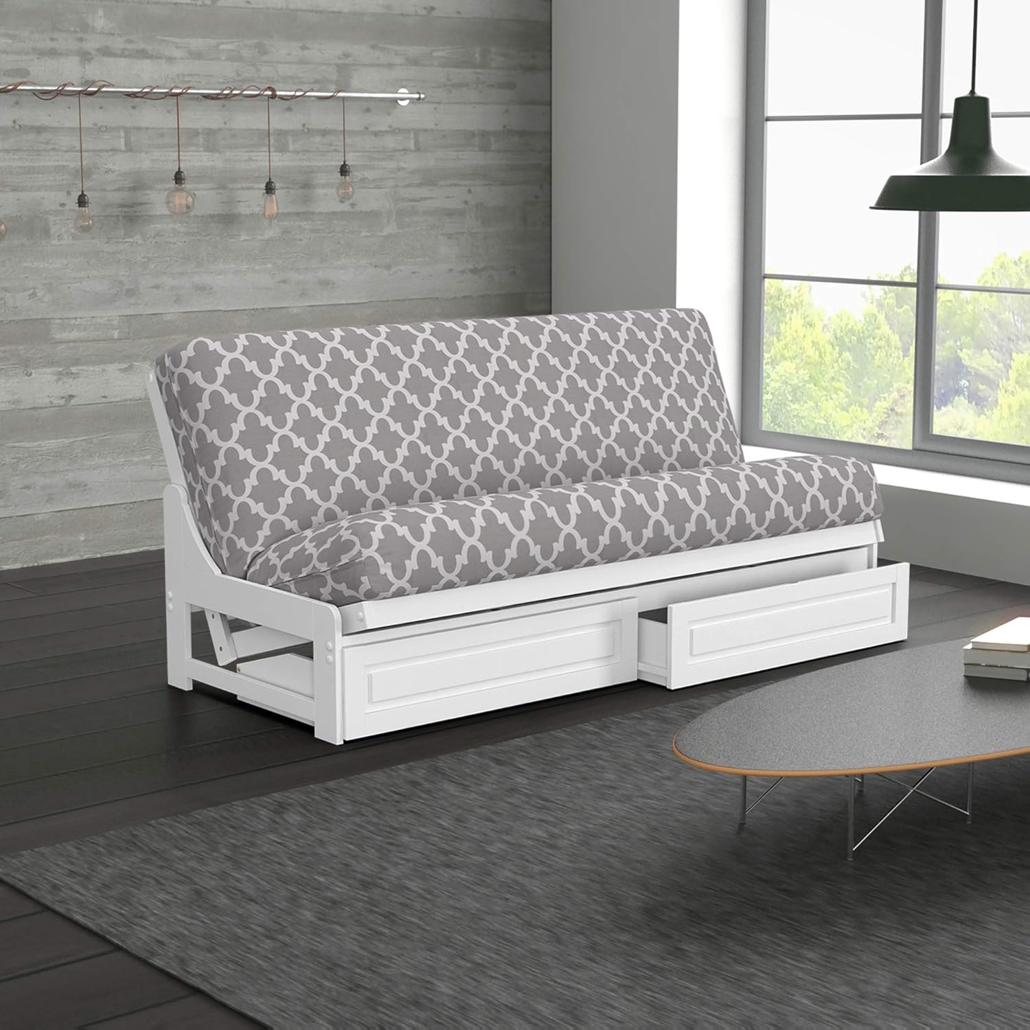 Nirvana Futons Nico Urban Loft Sleeper Sofa Collection Full Size White Armless Arden Futon Frame, Storage Drawers, Mattress and Fynn Futon Cover Set