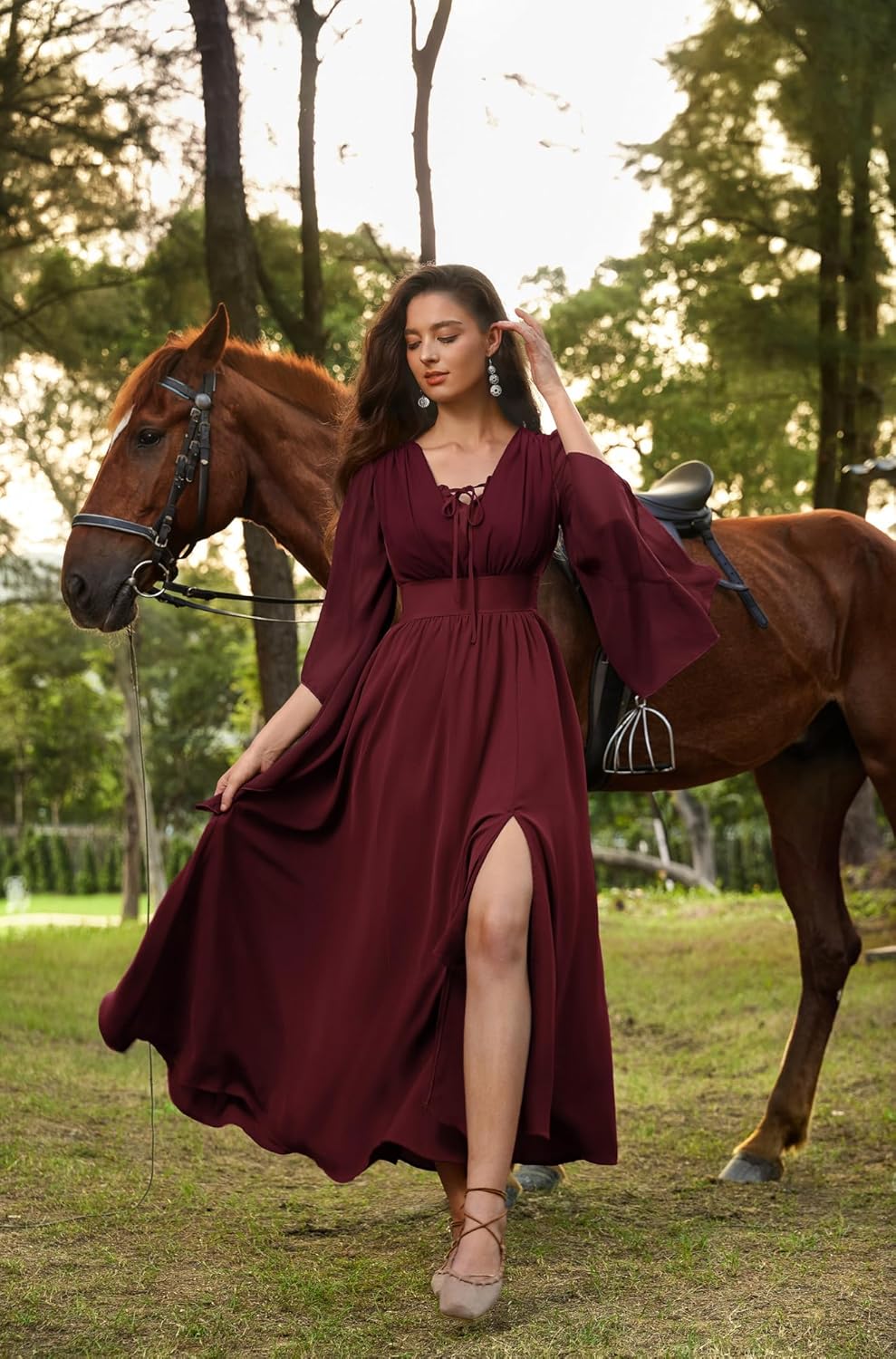 SCARLET DARKNESS Renaissance Dress Women Bell Sleeve Fairy Dresses Witch Costume Split Maxi Dress with Pockets - Image 5