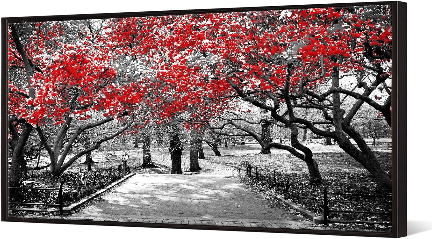 Muzenso Black and Red Trees Canvas Wall Art 20x40 Inch Surreal Black and White Landscape Scene in Central Park New York City Artwork with Black Floater Frame Modern Urban Home Decoration