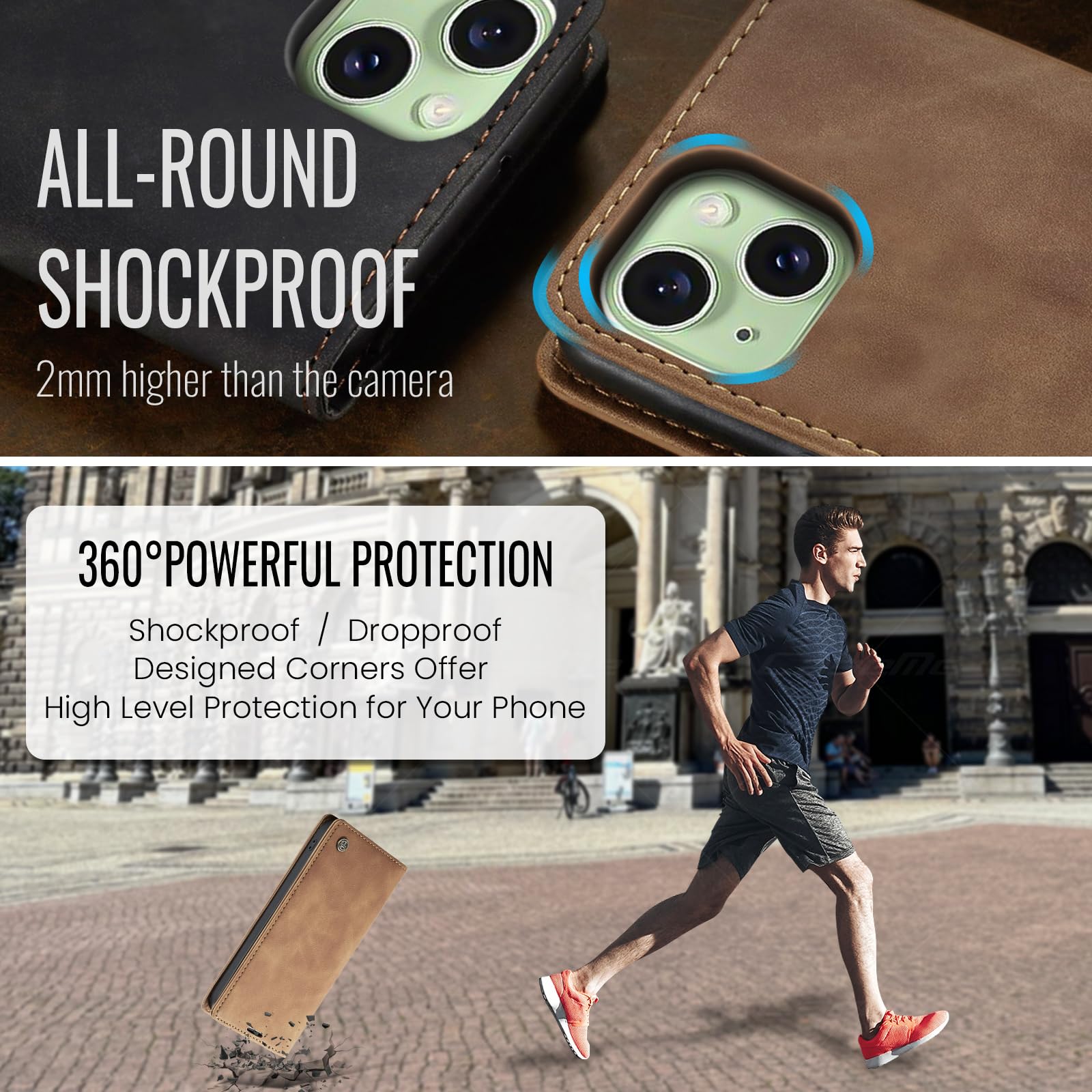 Azororo Cover per iPhone 15 5G, Premium PU Pelle Custodia, Magnetica Carta Fessura Portafoglio Case, Flip Cavalletto Custodia per iPhone 15 - Marrone