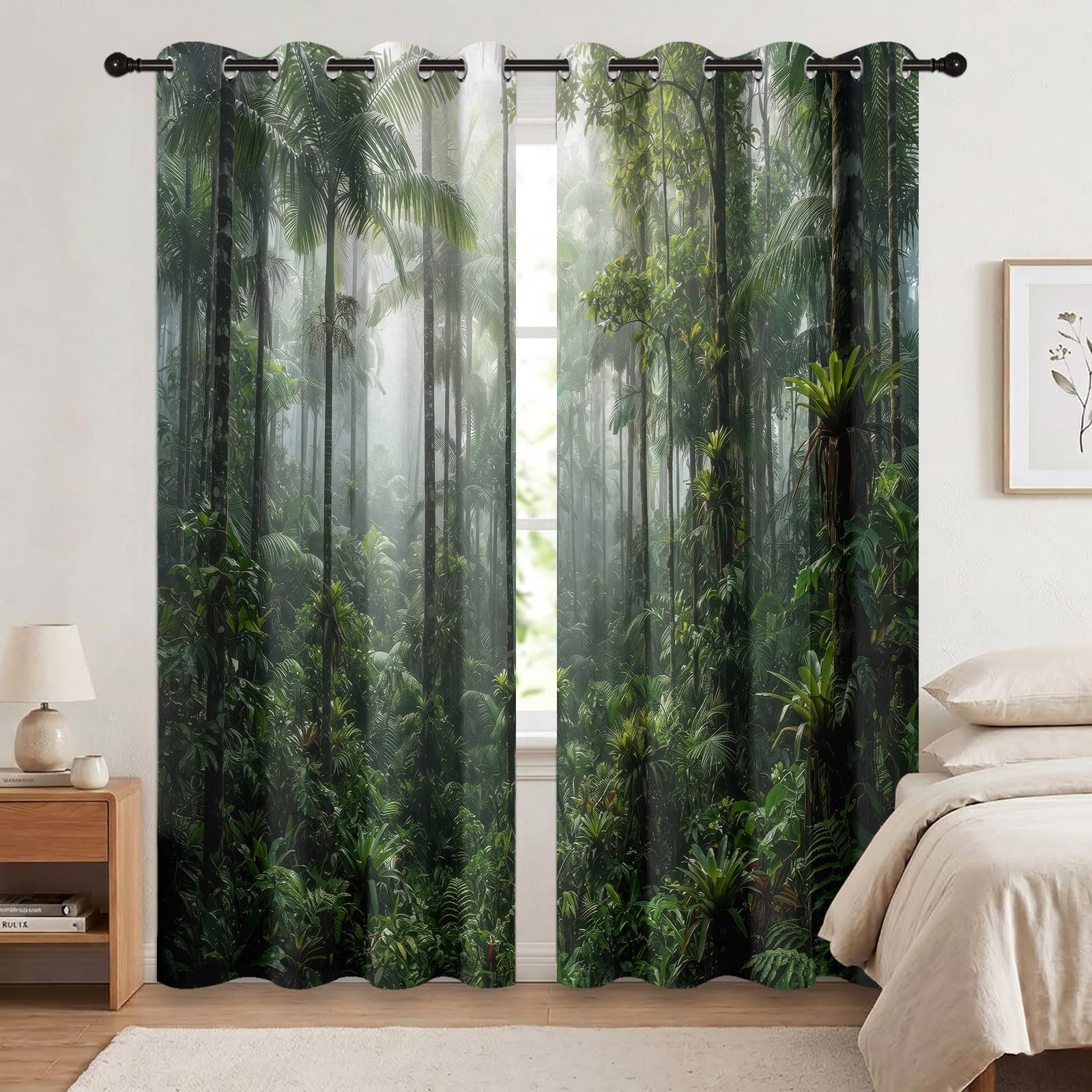 Rideaux Occultant Forêt Espace, Rideaux Occultant Troncs De Palmiers Tropicaux Rideau Thermiques Isolant Anti Froid et Chaleur Rideau à Oeillets pour Salle De Bain, 2 PCS, 91.5L X 160H cm