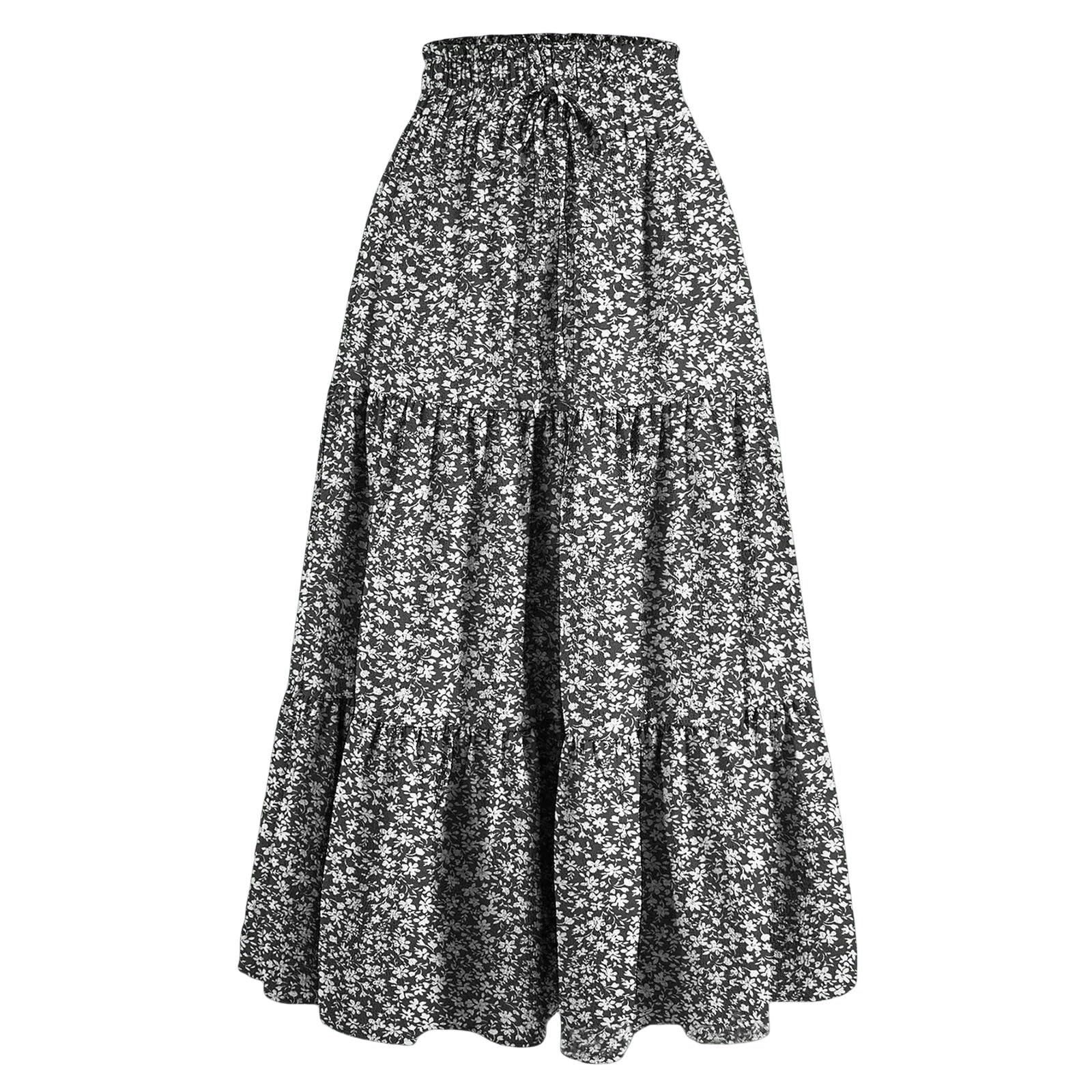 Gonna Lunga Retro Fiore Nuovo Stile Coreano Alta Vita Piegata A-Line Moda Casual Ufficio Signora Tutto-Match Temperamento Sottile-Grigio Scuro-l