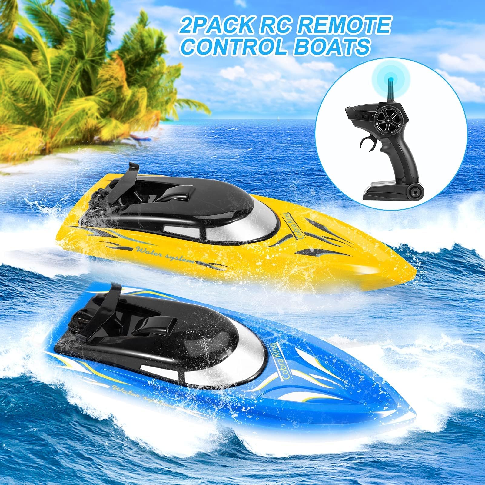 Garvee Barca Radiocomandata Per Bambini, Set Da 2 Barche RC Da 10 Km/h, Barca Radiocomandata Ad Alta Velocità 2.4G, Barche Veloci Per Piscine, Laghi e Fiumi, Con 4 Batterie Ricaricabili, Blu+Giallo