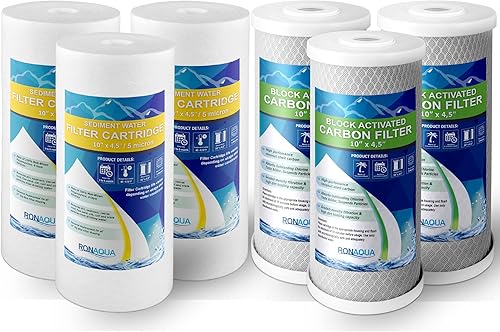 3 bloques de carbono de cáscara de coco de alta capacidad y 3 sedimentos grandes de polipropileno Cartuchos de filtro de agua de 5 micrones de 4.5