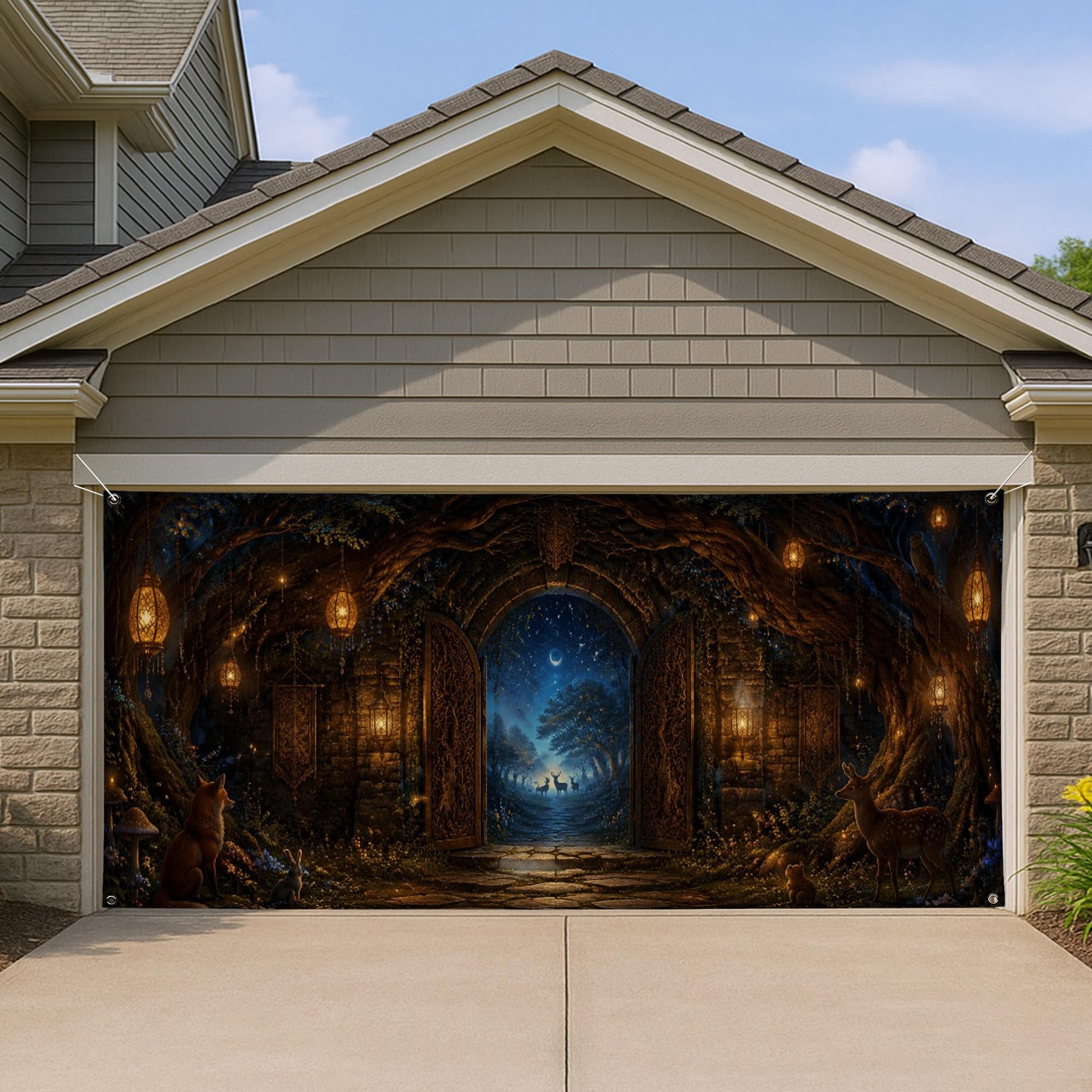 Scène nocturne mystique pour porte de garage : habillage grand format 397 x 180 cm d'automne