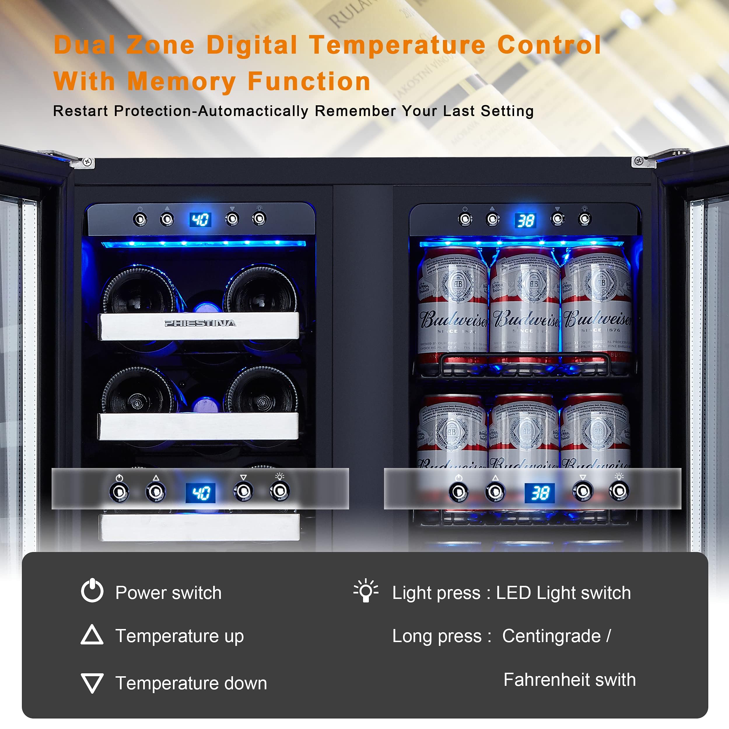 Phiestina Beverage Refrigerator, 24 Inch Wine and Beverage Fridge, Under Counter Wine Cooler- 20 Bottles & 78 Cans, Built-in/Freestanding Dual Zone with Glass Door on Fridge.com