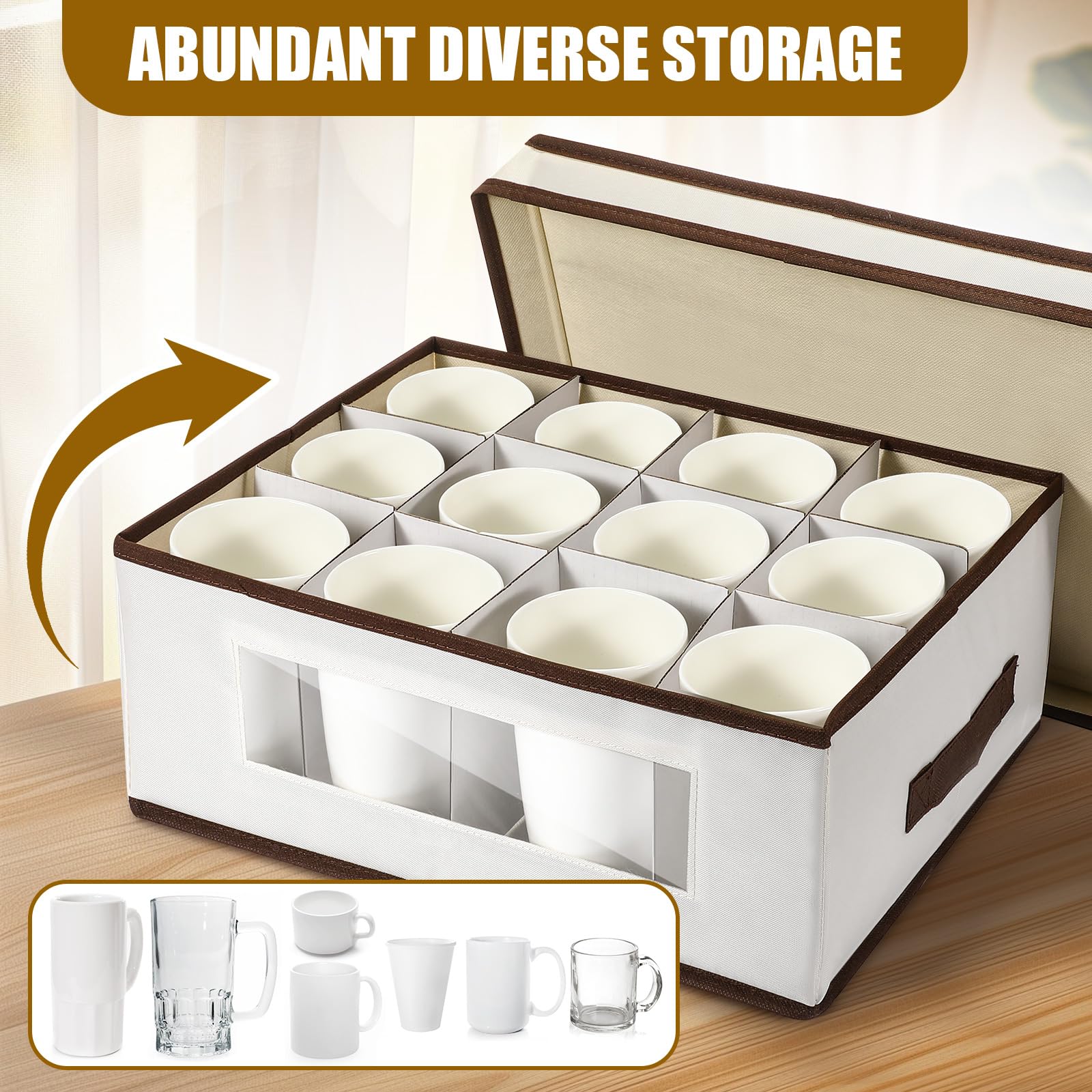 Uiifan 4 cajas de almacenamiento para tazas con divisores, 12 compartimentos, cajas de almacenamiento de vasos de porcelana con tapa, asas, ventana de PVC para mudanza, color beige