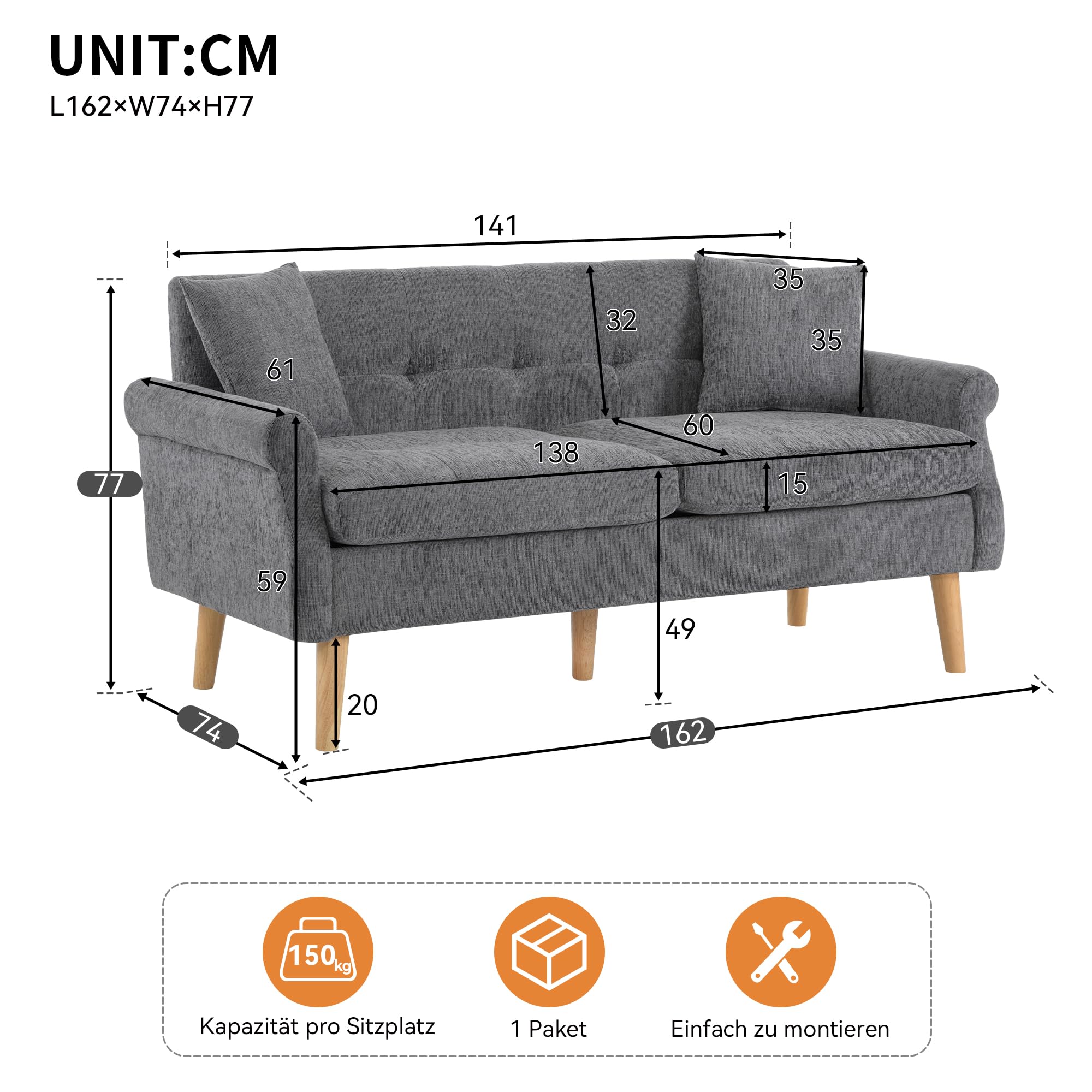 Modern Sofa mit Dicken Kissen, Doppelsofa mit Sofa-Beine aus Massivholz, Loveseat für Wohnzimmer, Schlafzimmer, Wohnung usw. Chenille, Grau-A, 162x74x77 cm