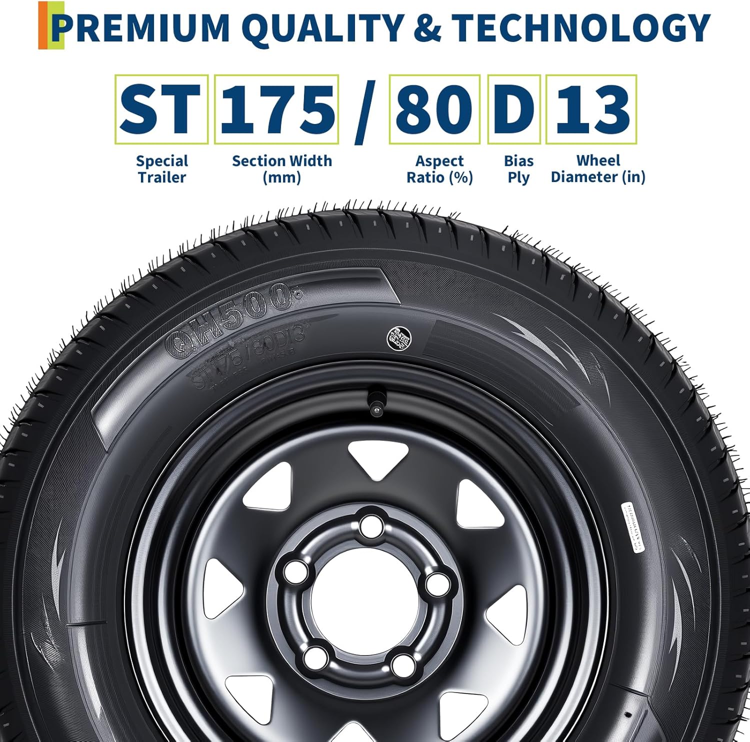 Garvee ST175/80D13 trailer tire and rim assembly.