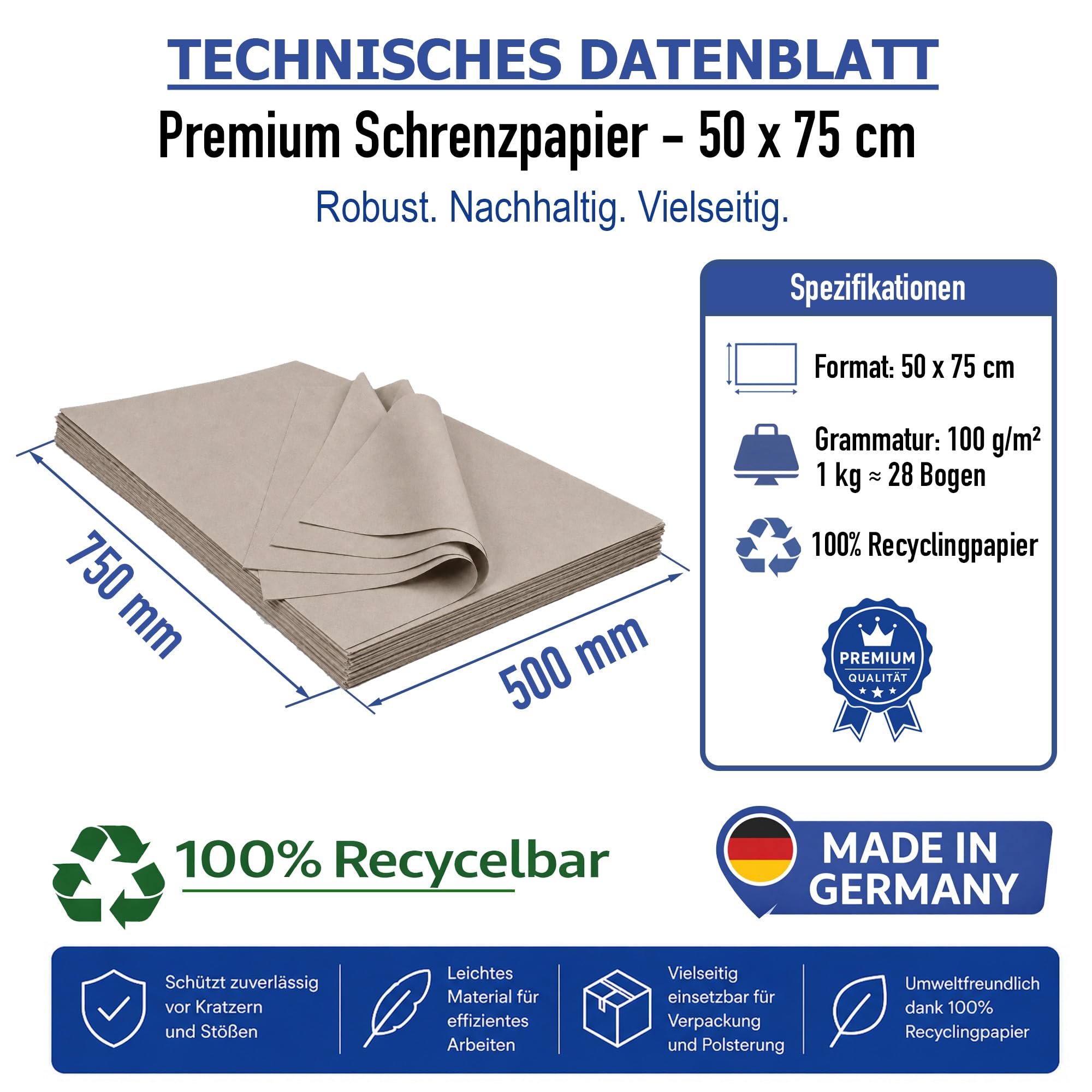 Schrenzpapier Packpapier 50x75 cm 100g/m² 25kg Bogen Knüllpapier Polsterpapier Einwickelpapier Einschalgpapier Umzug - 100% Recyclingpapier