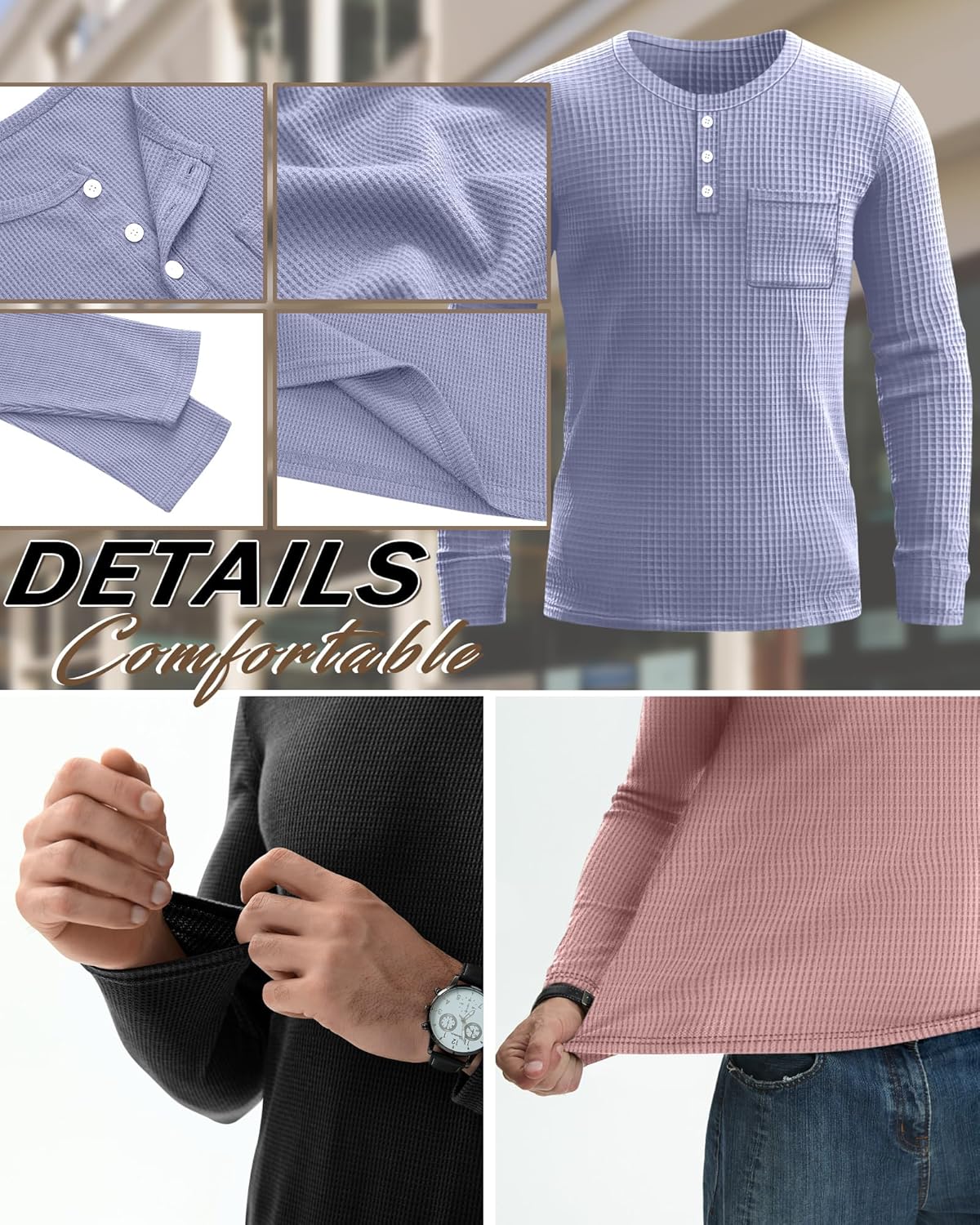 3 Pack Men's Waffle Henley Long Sleeve Thermal Shirts, Lightweight Casual Undershirts Pullover Tops with Pockets - Image 4