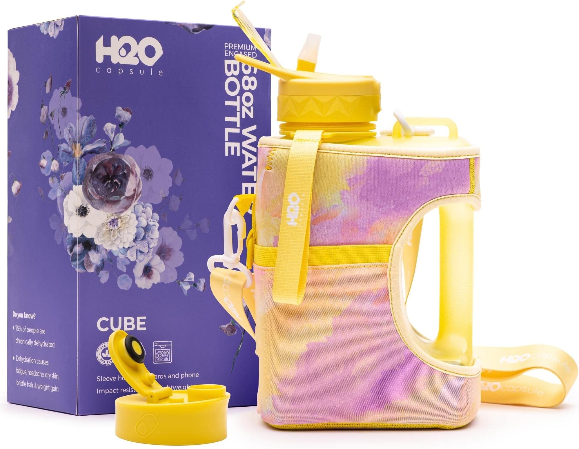 H2O Capsule Cube - 2.2L Half Gallon Water Bottle with Storage Sleeve, Covered Straw and Chug Lid – BPA Free Reusable Sports Jug with Handle, 2.2 Liter (74 Ounce), Purple Yellow