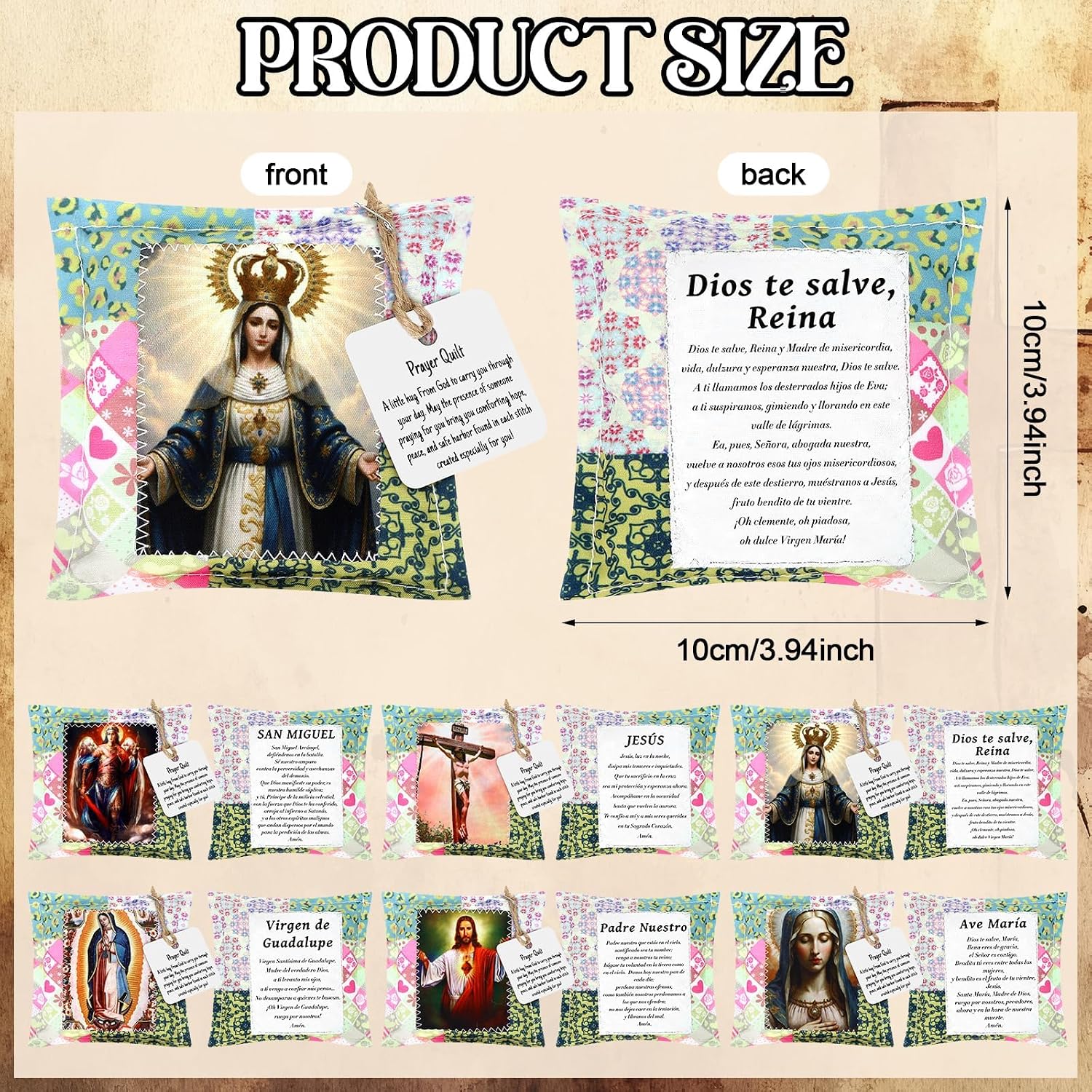 6 Pcs Spanish Mini Prayer Quilt Artículos Cristianos Christian Virgin Mary Scripture Pocket Cloth Squares Religious Sympathy Gifts for Women Men Pastor Church Faith