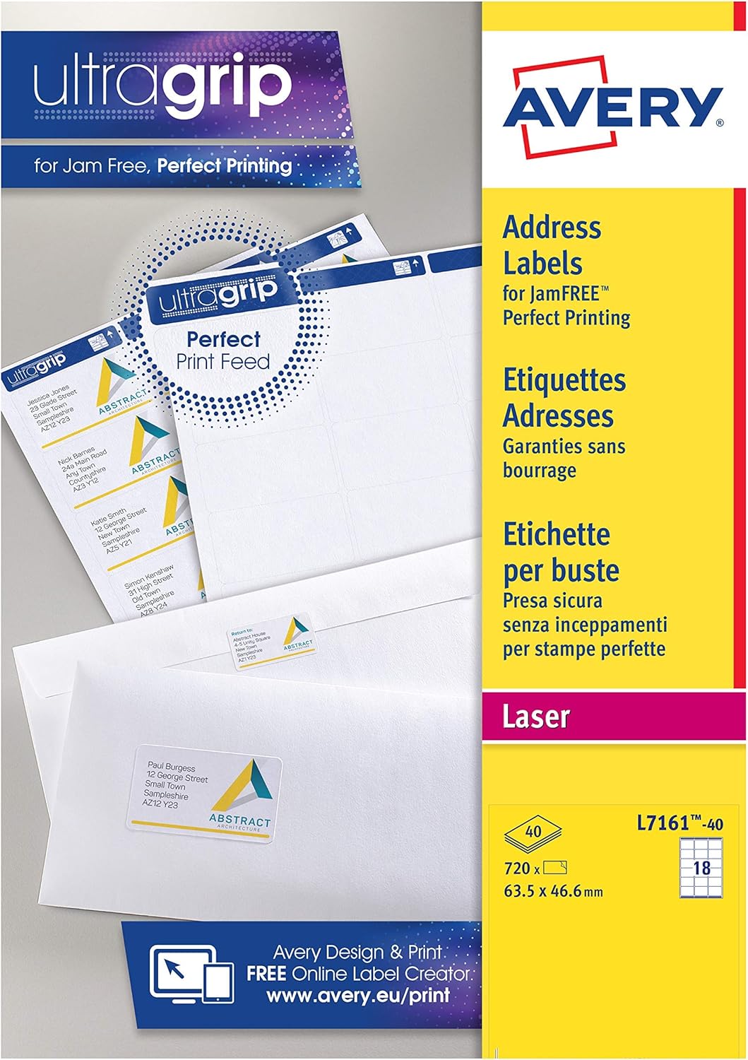 Avery JamFREE, Printable, Address Labels, Customisable, 63.5 x 38.1 mm, White, 18 Labels per Sheet, 750 Blank Labels per Pack (L7161-40)
