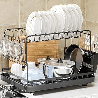 KINGRACK Dish Drainer Rack with Drip Tray, 2 Tier Dish Drying Rack, Dish Rack with Removable Draining Board, Cutlery & Cutting Board Holder, Cup Holder, Sink Drainer for Kitchen, Black