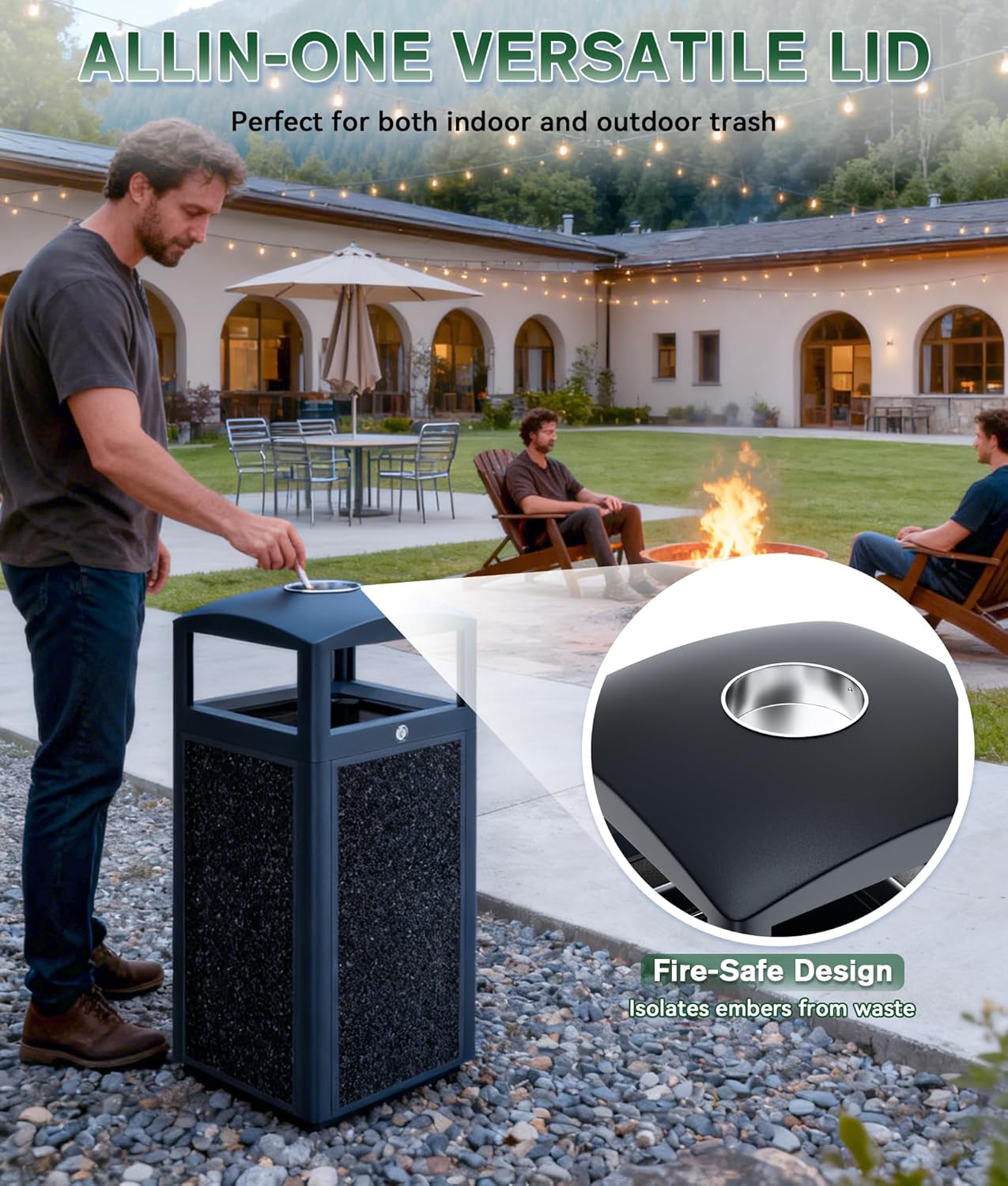 Outdoor Trash Can with Metal,Heavy Duty Steel Garbage Can with Removable Inner Bucket,Waste Receptacle with Lid & Liner,All Weather Resistant Commercial Garbage Cans (Black, 15 Gal-Square Shape)