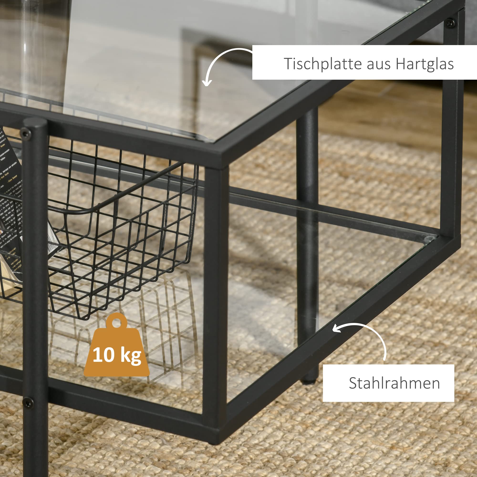 HOMCOM Couchtisch Mit Glasablage – Hochglanz Weiß, 100x45x45 Cm, Moderner Wohnzimmertisch