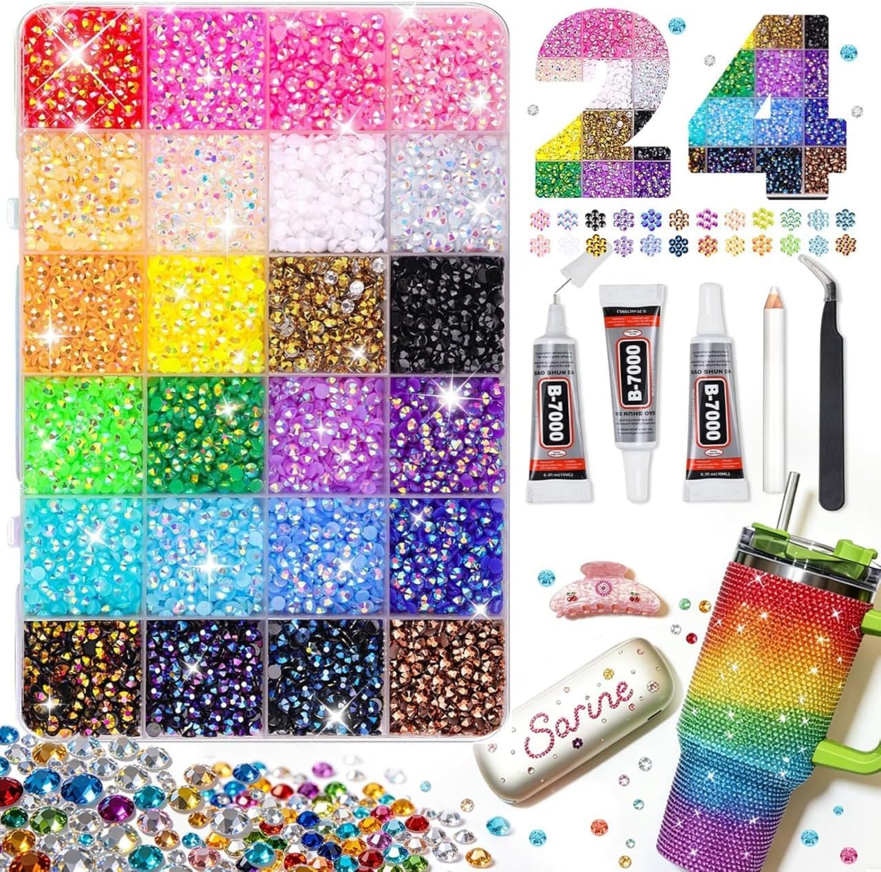 24000Pcs Resin Jelly Rhinestones for Bedazzling | 24 Multicolor 3mm Flatback Gems for Diamond Art | Bedazzler Kit with 3Pcs 10ml B7000 Jewelry Glue for Bedazzle Thing Crafting Book Nail Art-image-21
