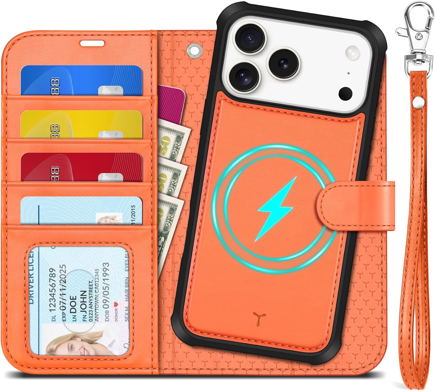 TUCCH 2-in-1 Detachable Wallet Case for iPhone 17 Pro Max 6.9" 2025, RFID Blocking | 4 Card Holders | Wireless Charging | Wrist Strap | Kickstand | Magnetic | PU Leather Protective Cover | Orange