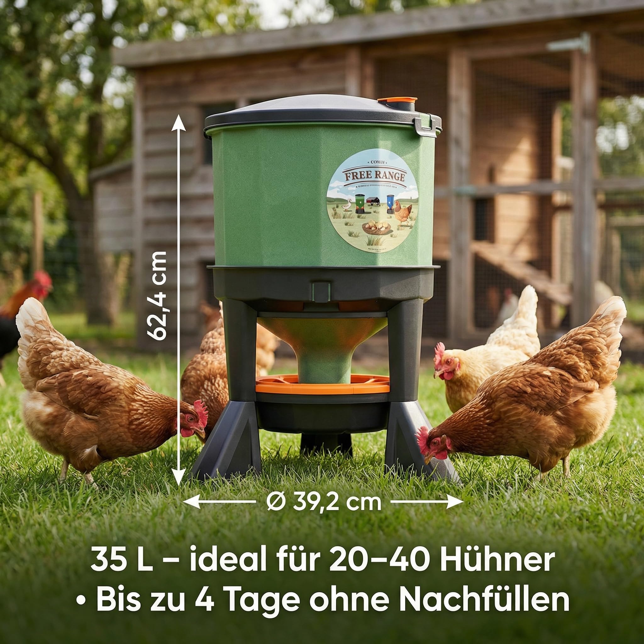 Futterautomat 35 L Hühner Geflügel Futterspender – Futter-Spargitter | UV-beständig, BPA-frei, leicht zu befüllen & zu reinigen, hohe Standfestigkeit, Klappdeckel mit Sicherheitsverschluss