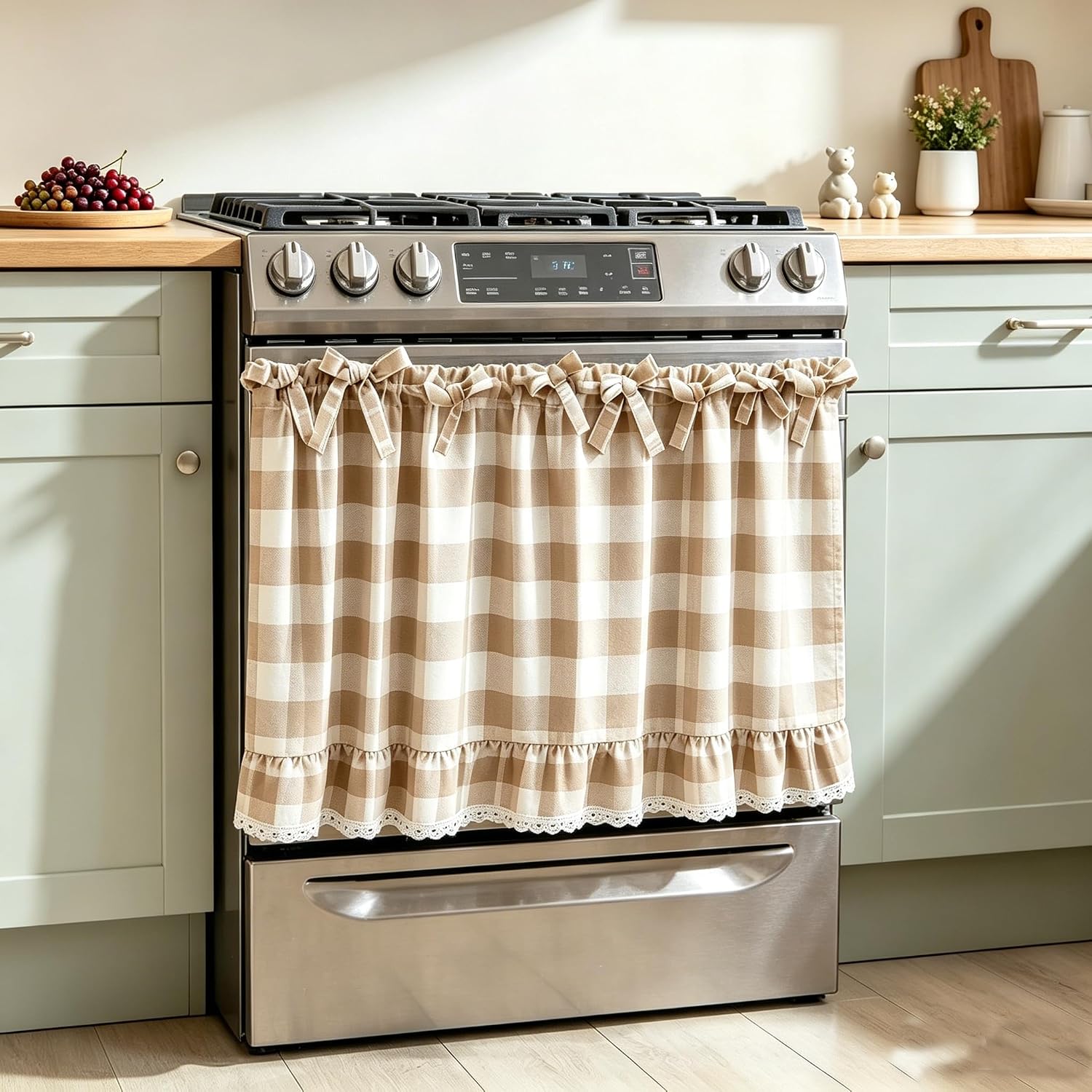 Handmade Farmhouse Hidden Skirt Curtain, Tie Top Heat‑Resistant Kitchen Curtain with Ruffles & Ribbon Ties for Oven, Stove & Dishwasher, Rustic Kitchen Décor (Khaki with Lace Trim,